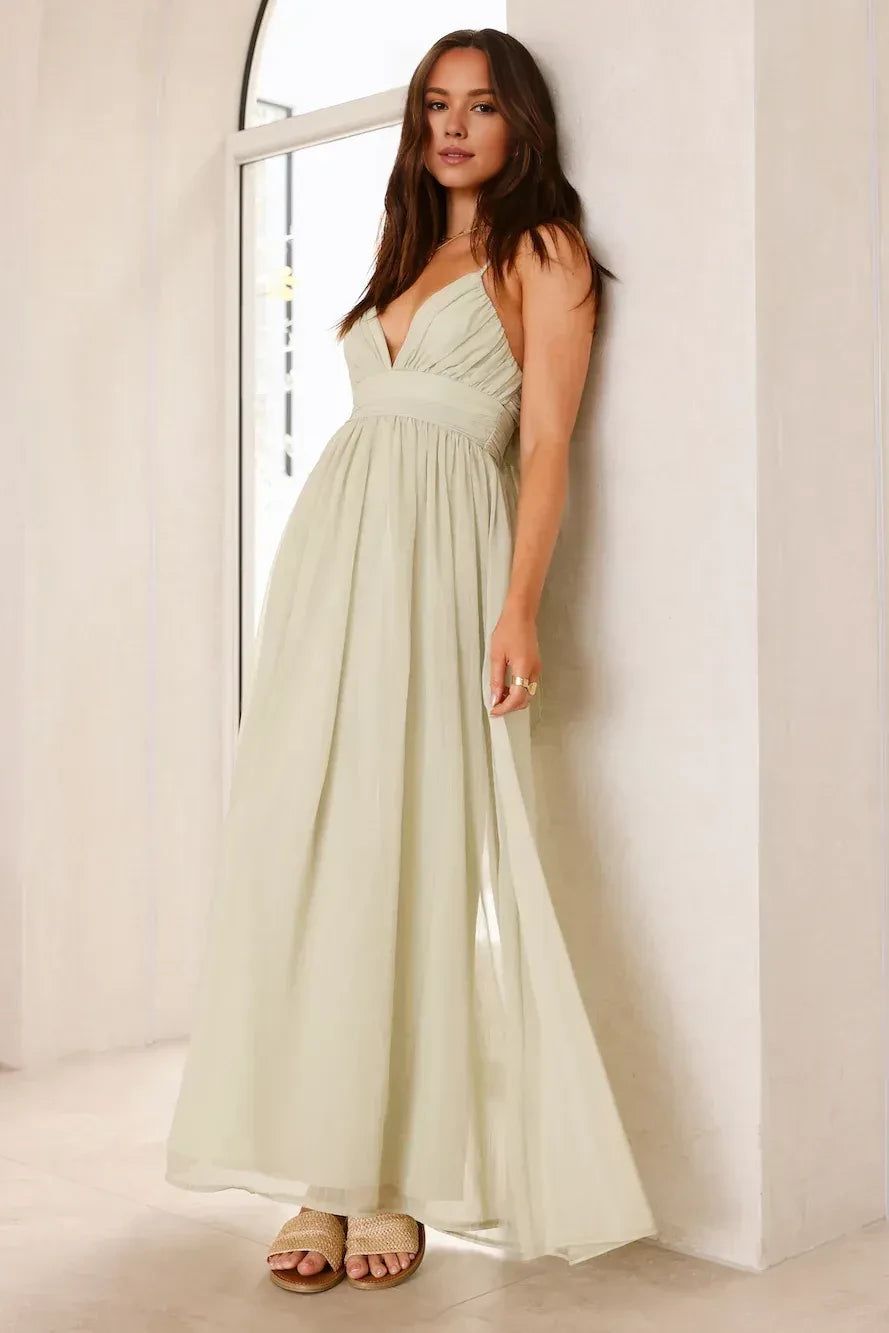 Romantic A Line Plunge Neck Sleeveless Tie Back Floor Length Prom Dress