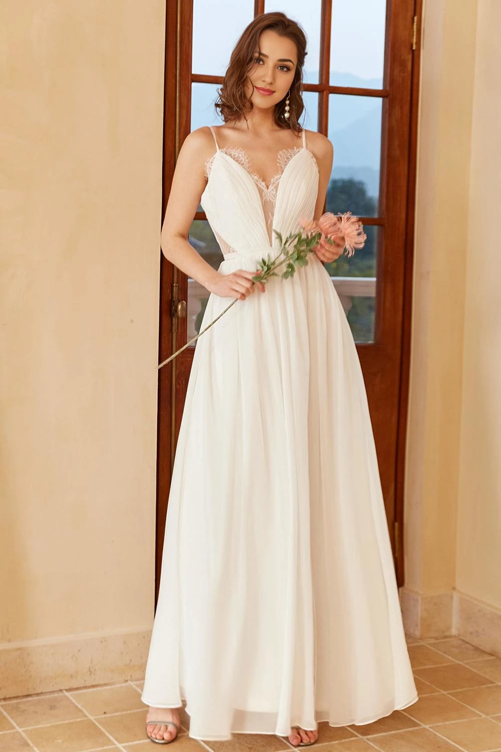 Romantic A Line Sleeveless Plunging V Neck Spaghetti Strap Lace Back Maxi Wedding Dress