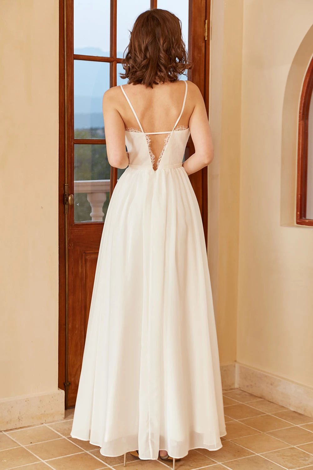 Romantic A Line Sleeveless Plunging V Neck Spaghetti Strap Lace Back Maxi Wedding Dress
