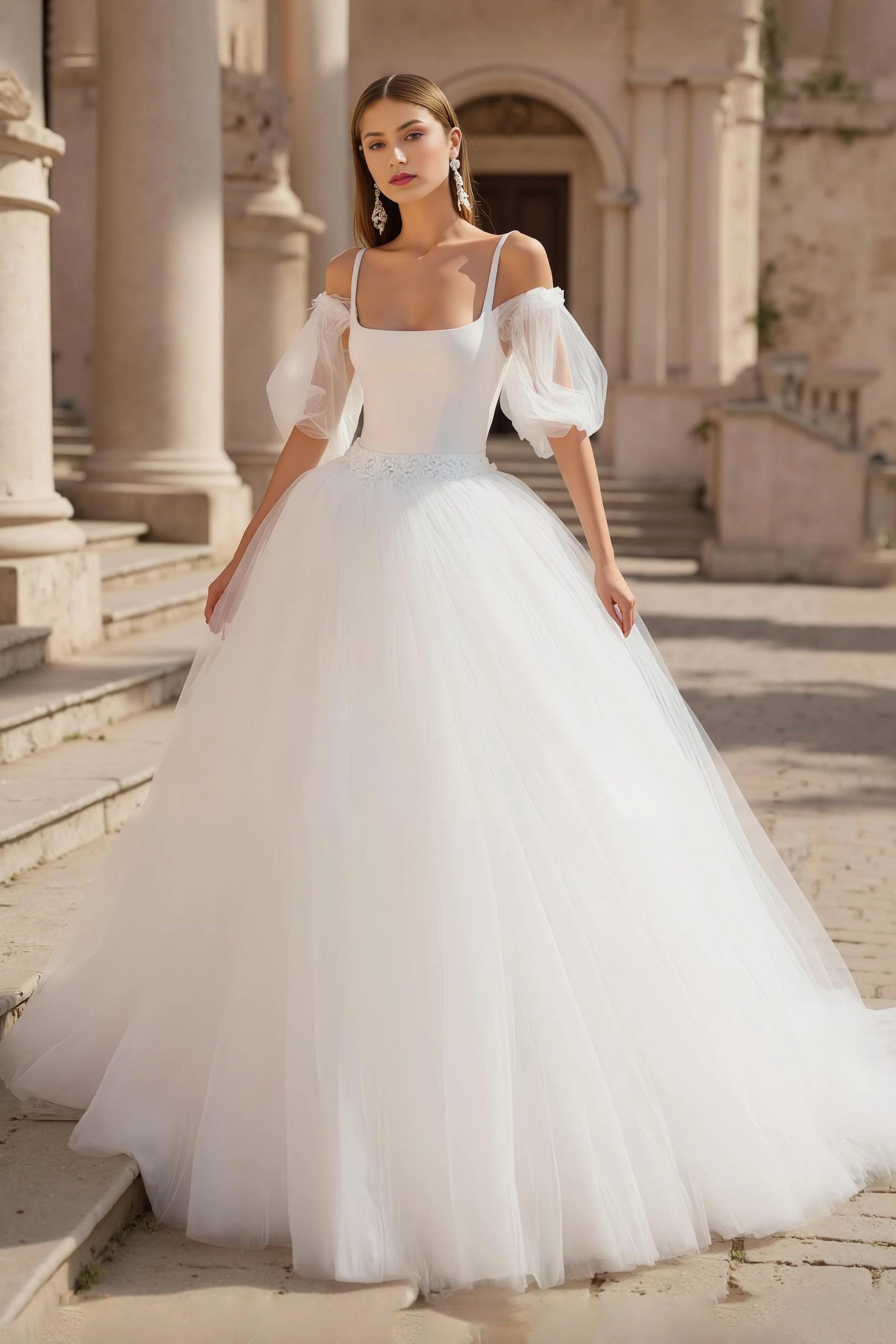 Romantic A Line Square Neck Puff Sleeve Open Back Floor Length Wedding Dress