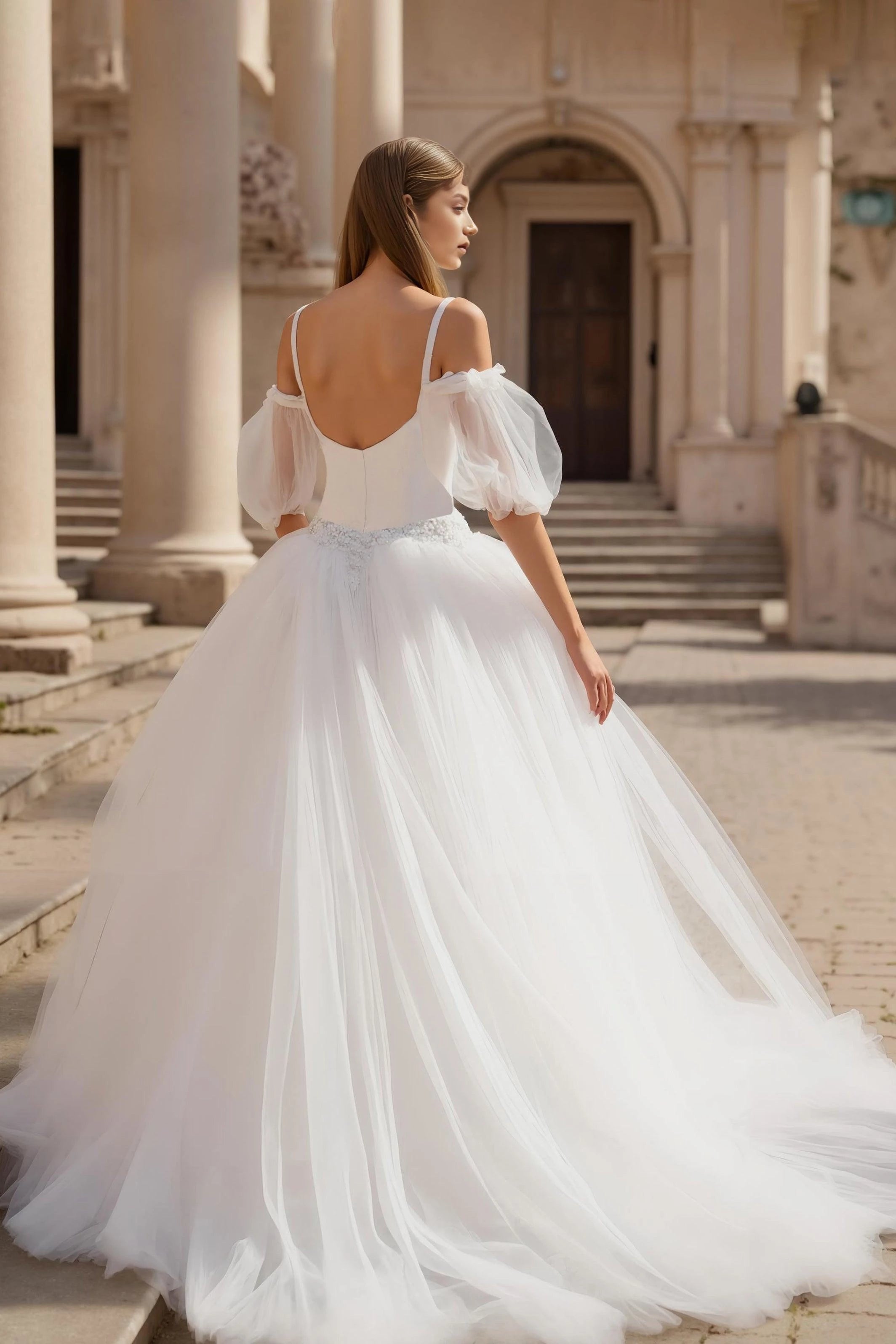Romantic A Line Square Neck Puff Sleeve Open Back Floor Length Wedding Dress