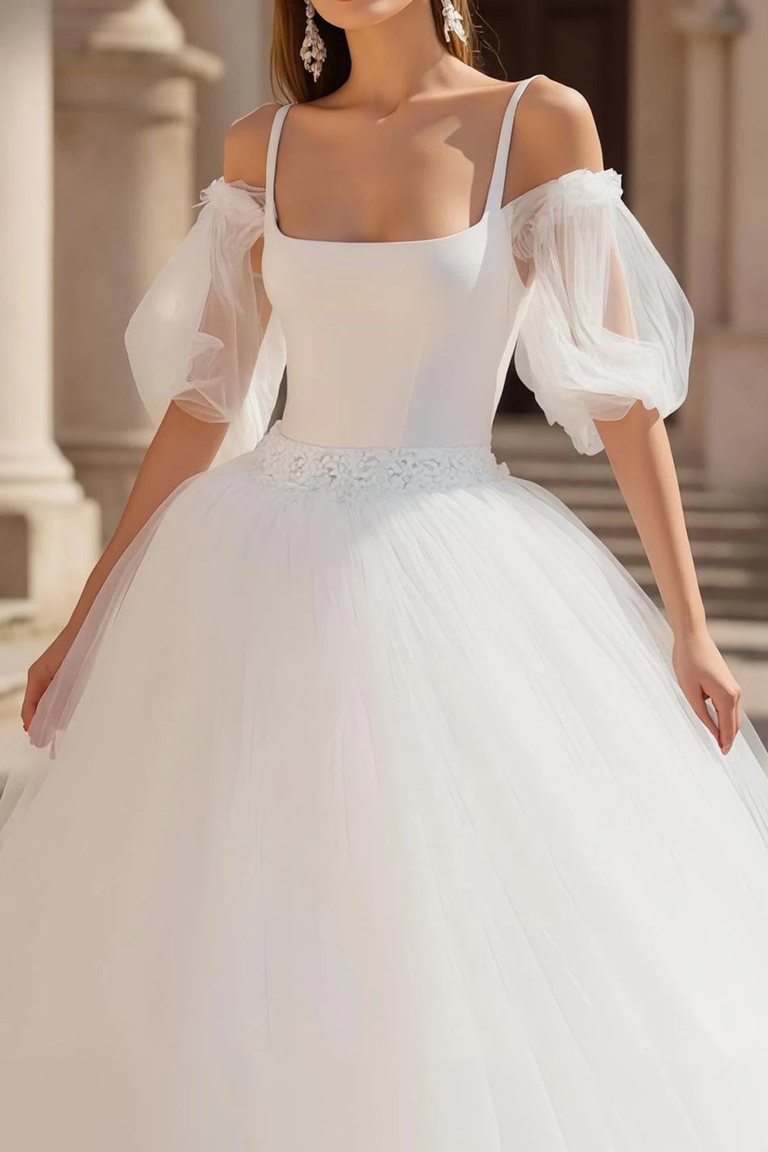 Romantic A Line Square Neck Puff Sleeve Open Back Floor Length Wedding Dress