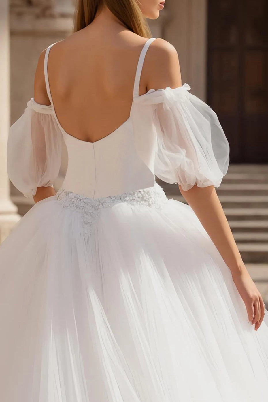 Romantic A Line Square Neck Puff Sleeve Open Back Floor Length Wedding Dress