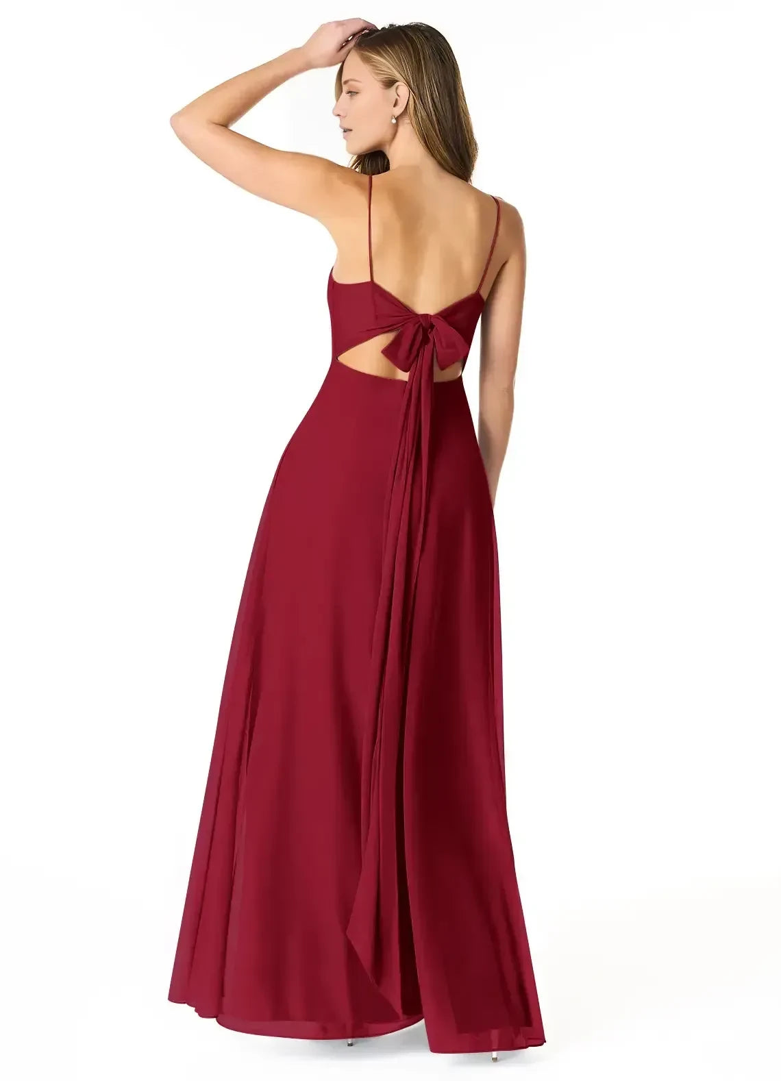 Romantic A Line Square Neck Spaghetti Strap Bow Back Floor Length Bridesmaid Dress