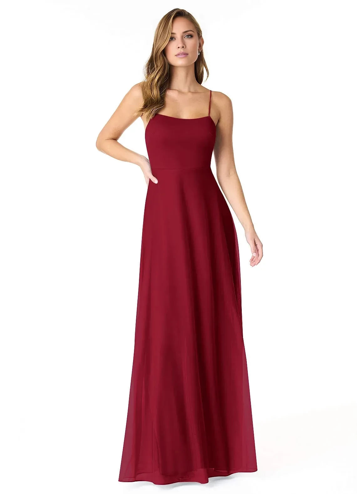 Romantic A Line Square Neck Spaghetti Strap Bow Back Floor Length Bridesmaid Dress