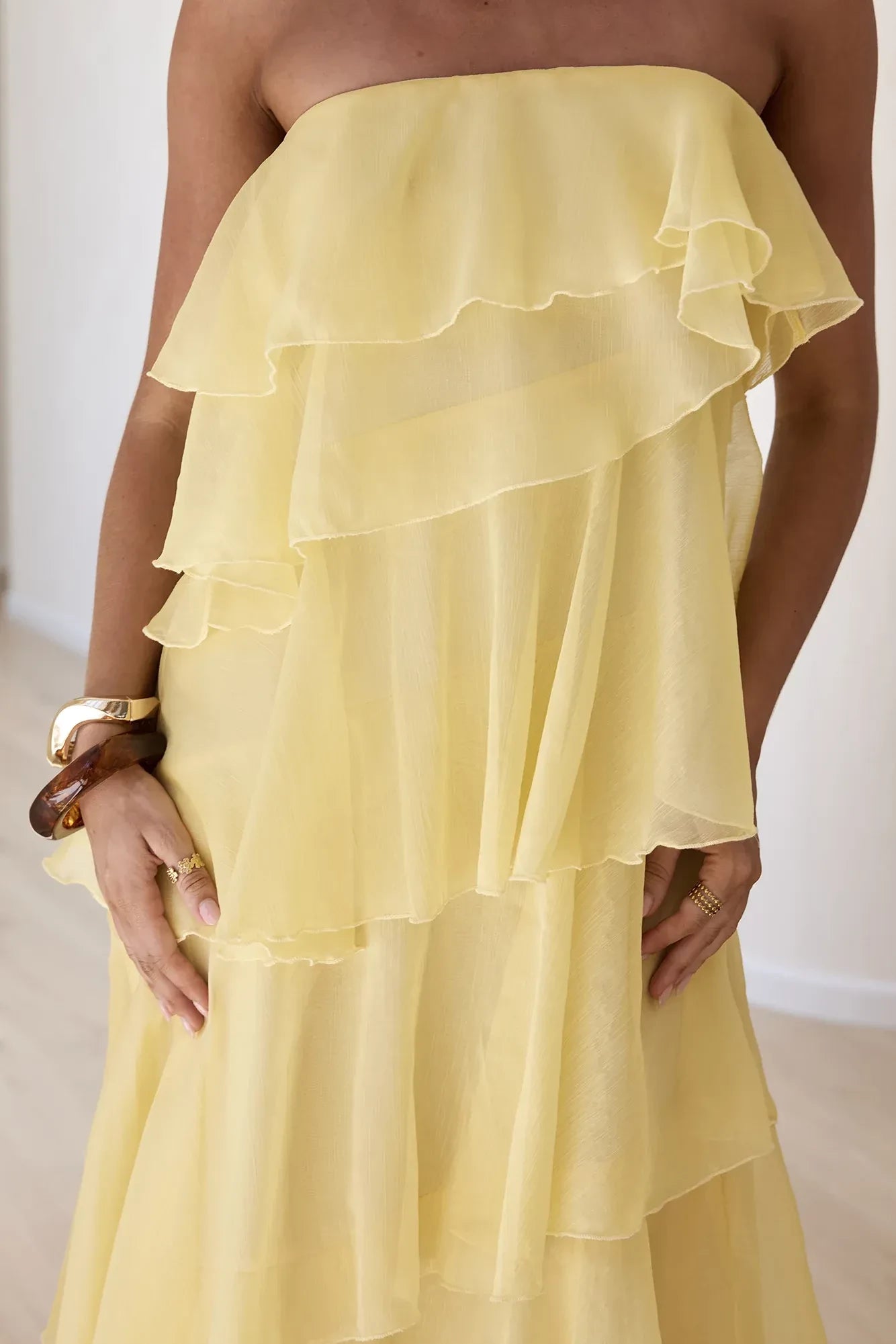 Romantic A Line Strapless Ruffle Trim Back Zip Floor Length Prom Dress