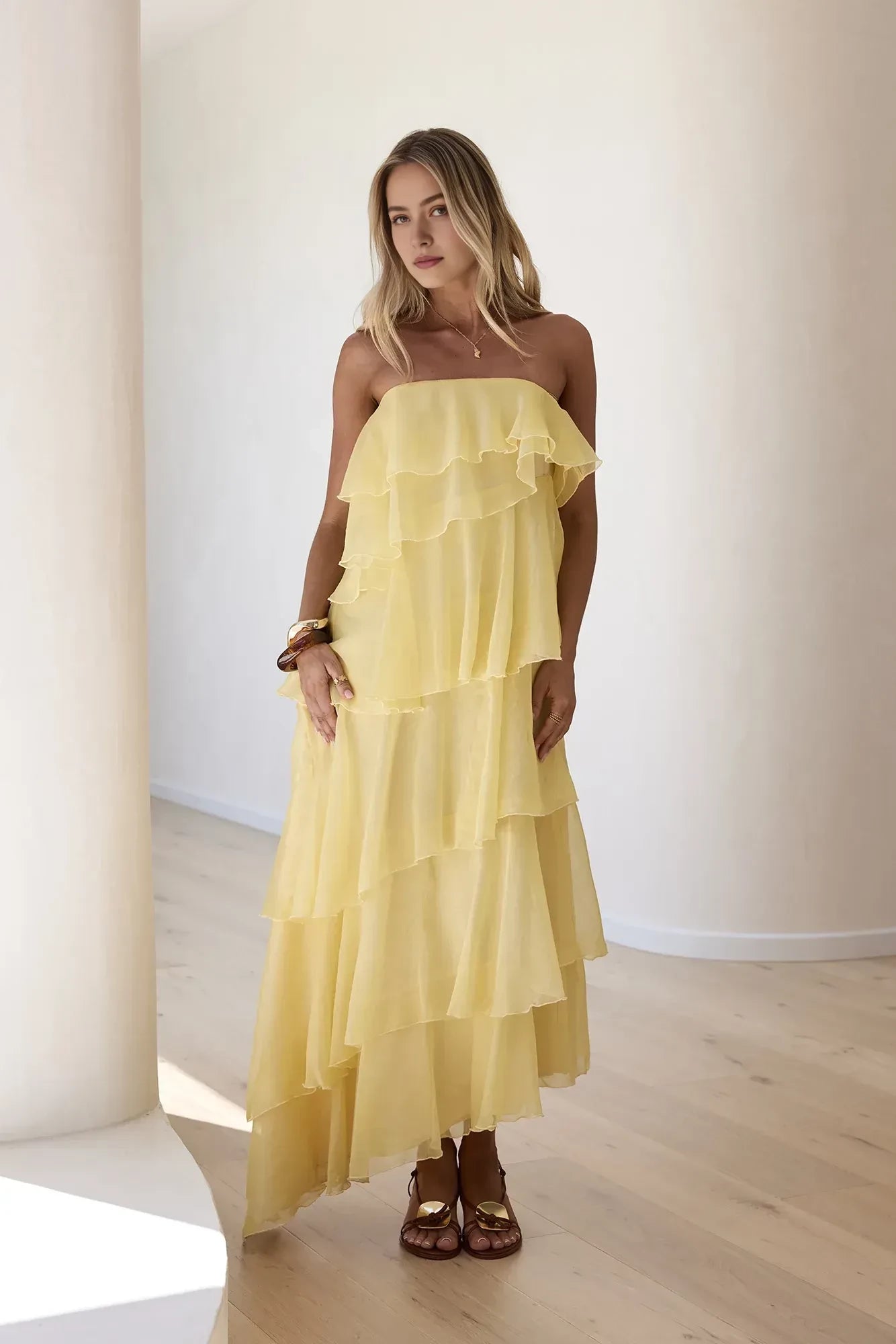 Romantic A Line Strapless Ruffle Trim Back Zip Floor Length Prom Dress