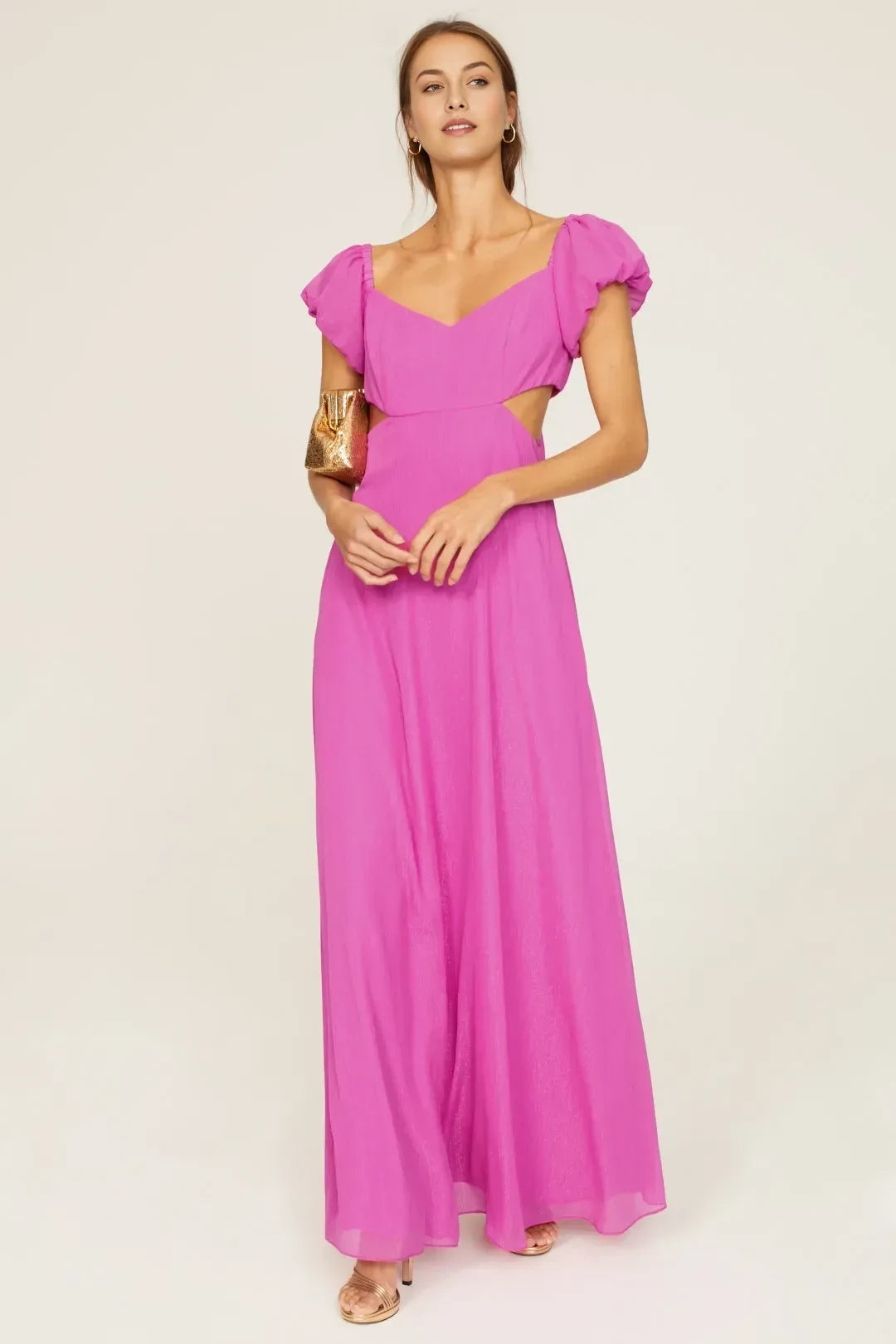 Romantic A Line Sweetheart Neck Puff Sleeve Cutout Waist Floor Length Plus Size Prom Dress