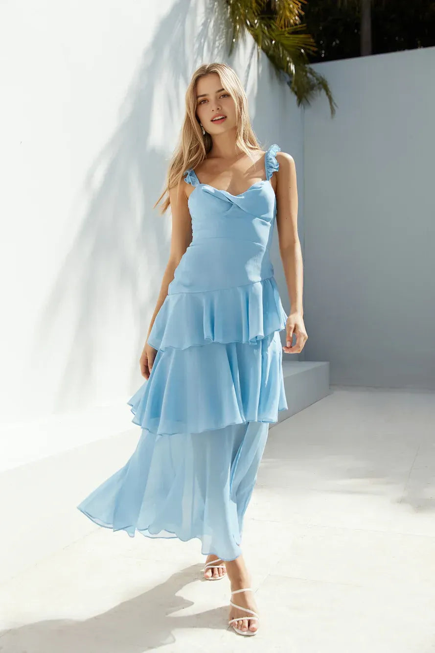 Romantic A Line Sweetheart Neck Ruffle Strap Tie Back Floor Length Prom Dress