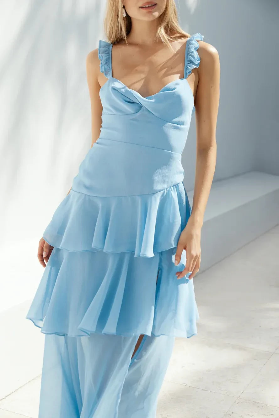 Romantic A Line Sweetheart Neck Ruffle Strap Tie Back Floor Length Prom Dress