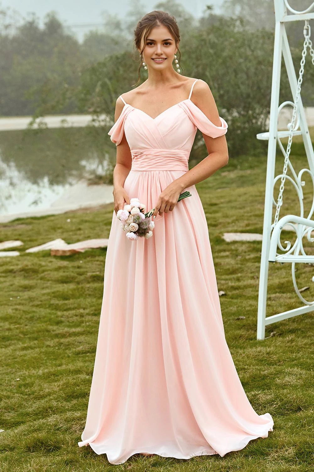 Romantic A Line Sweetheart Off Shoulder Short Sleeve Zipper Back Evening Dress Homecoming Dress