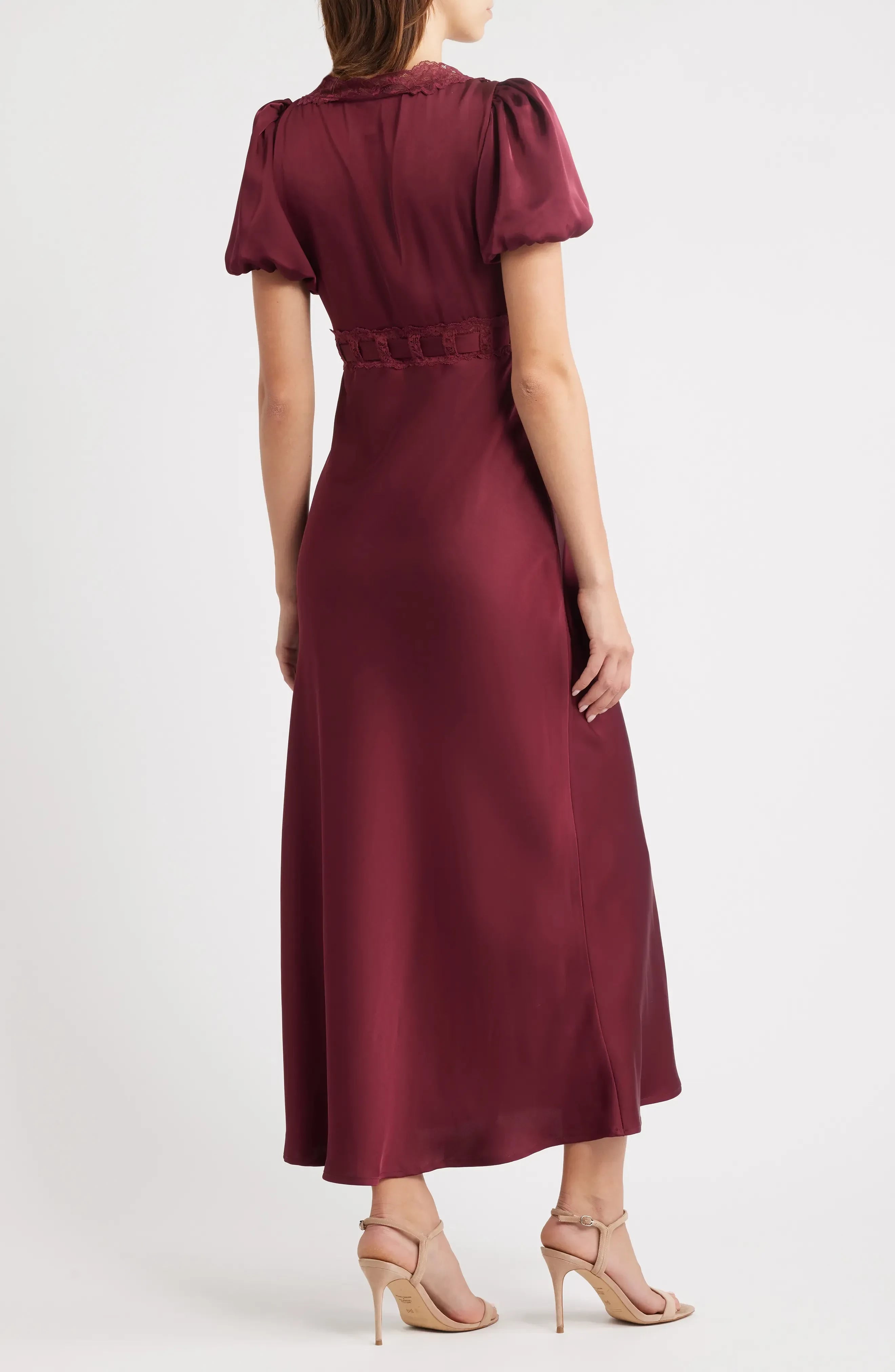 Romantic A Line Sweetheart Puff Short Sleeve Lace Trimmed Back Midi Evening Dress