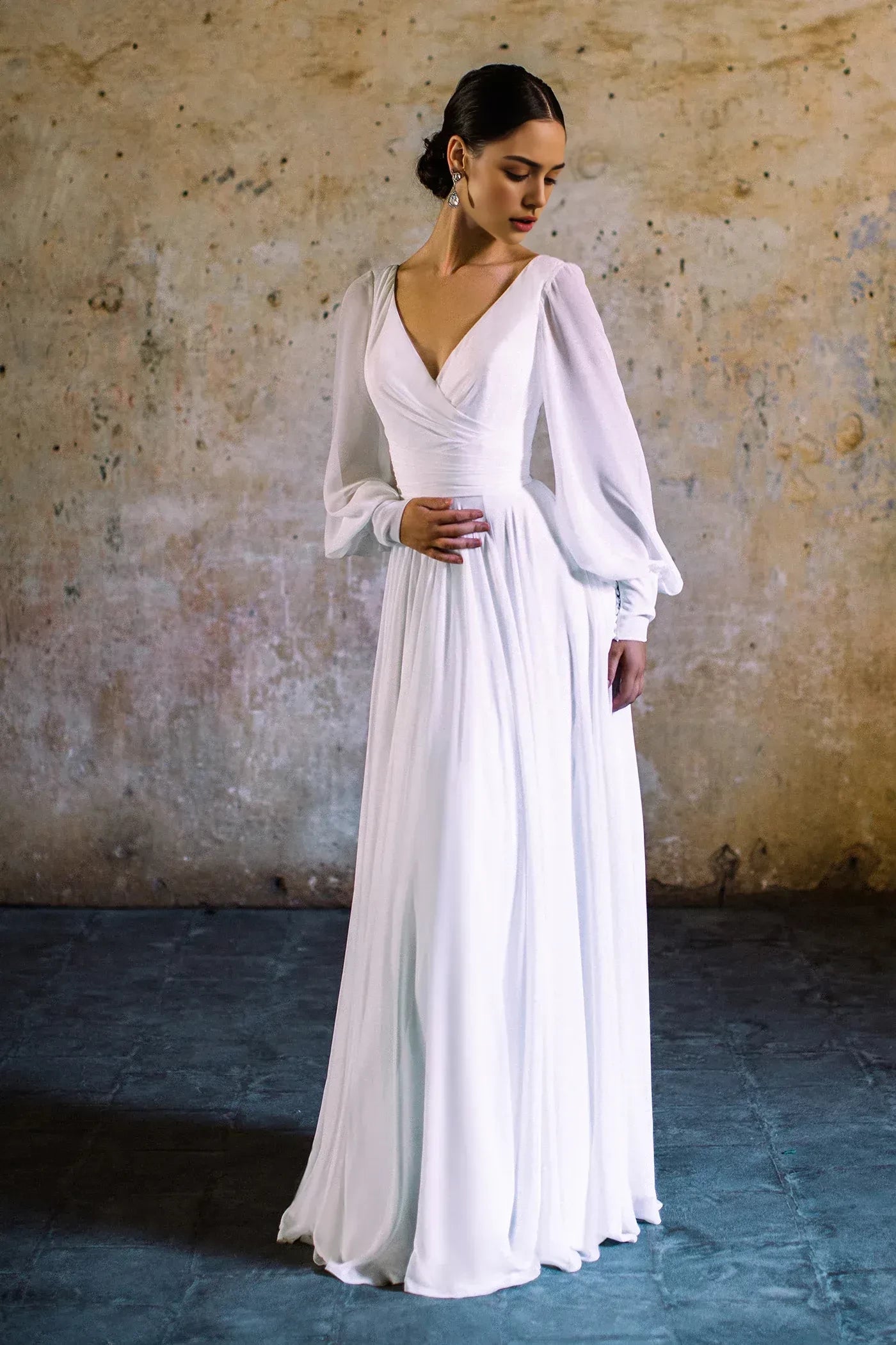 Romantic A Line V Neck Bishop Sleeve Open Back Floor Length Wedding Dress