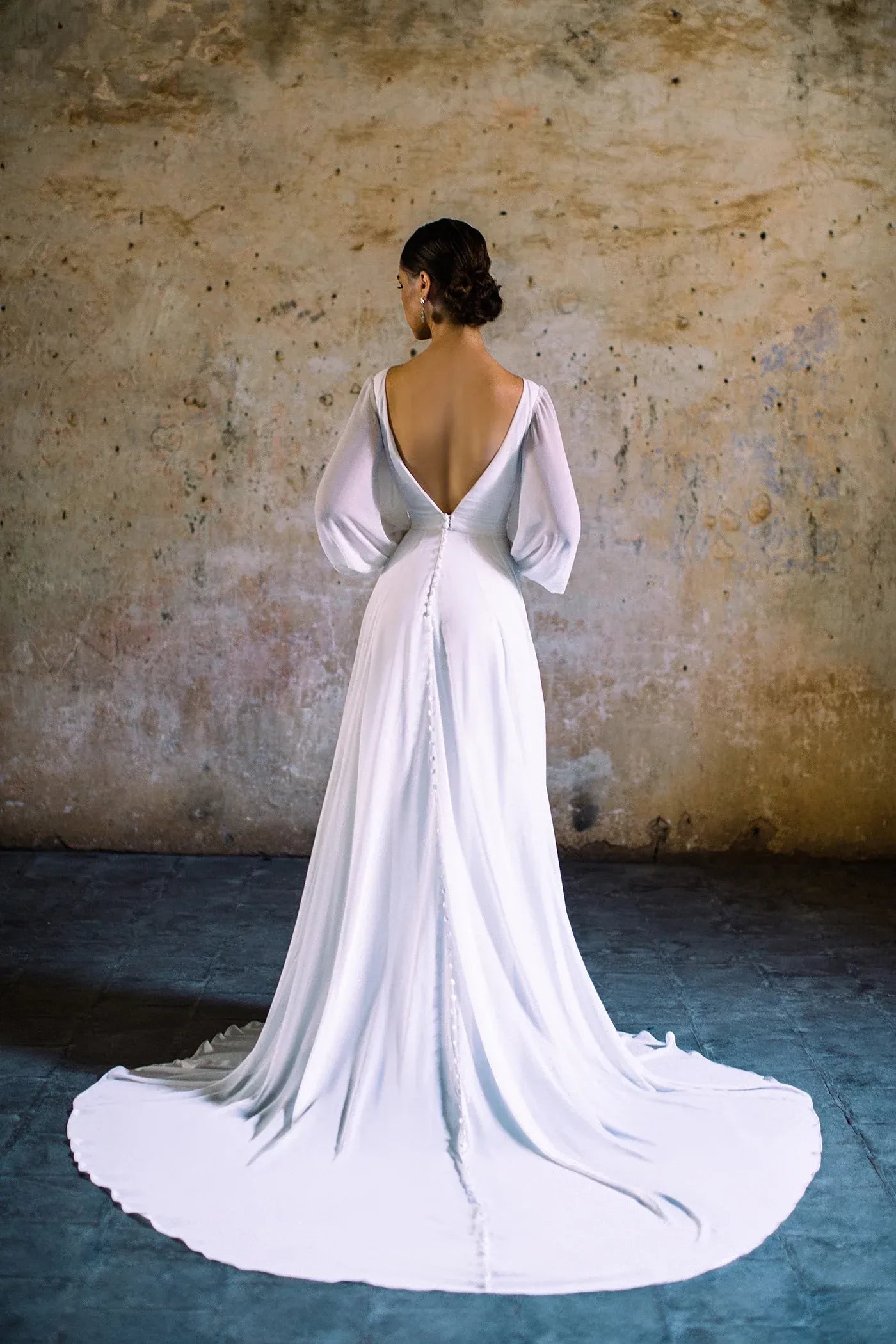 Romantic A Line V Neck Bishop Sleeve Open Back Floor Length Wedding Dress