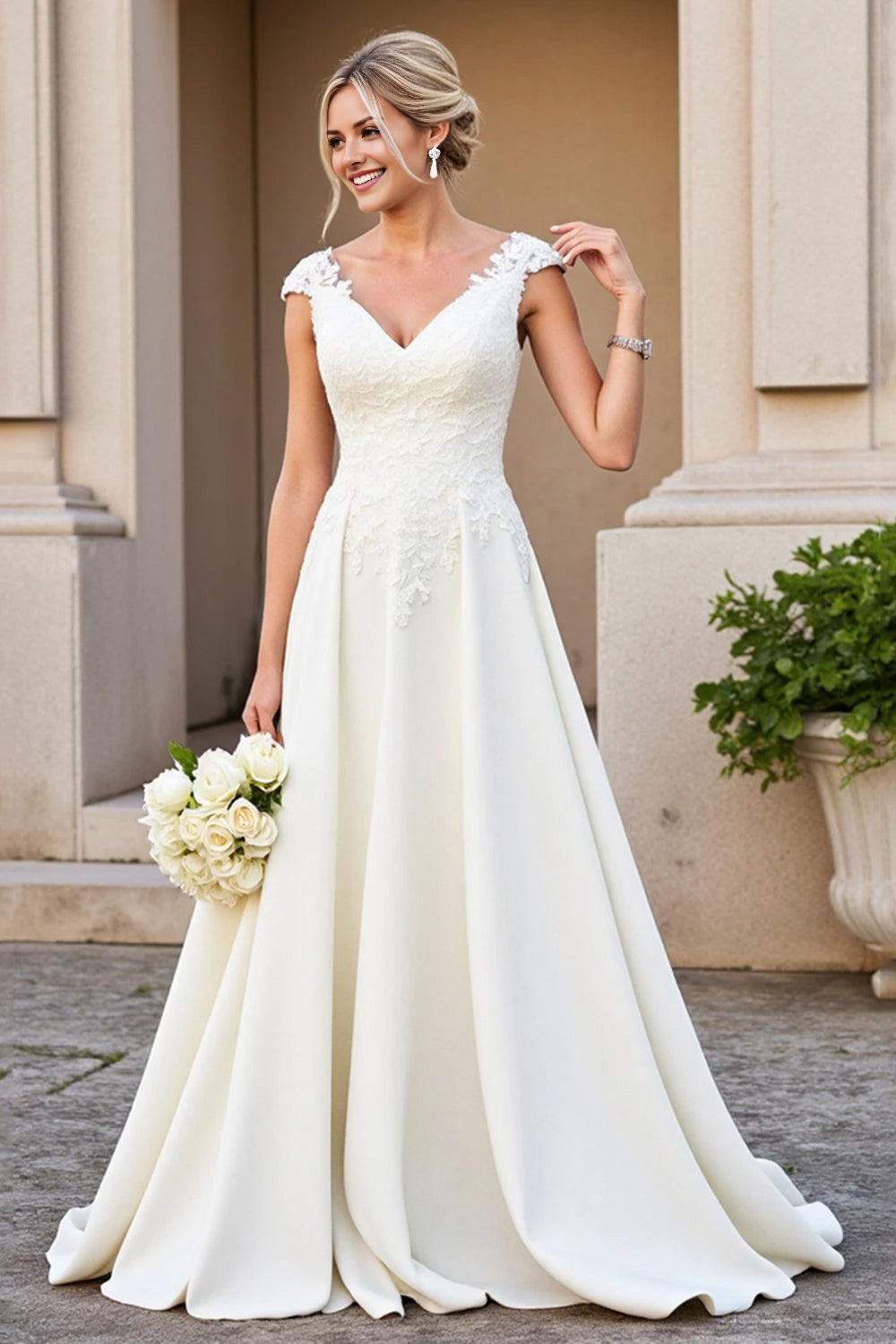 Romantic A Line V Neck Cap Sleeve Lace Back Floor Length Wedding Dress