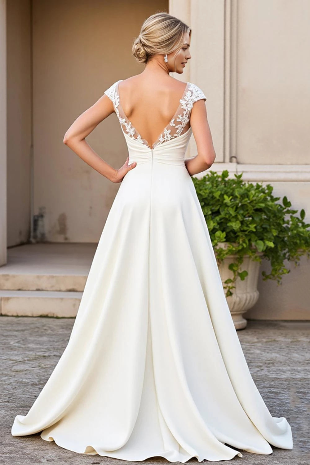 Romantic A Line V Neck Cap Sleeve Lace Back Floor Length Wedding Dress