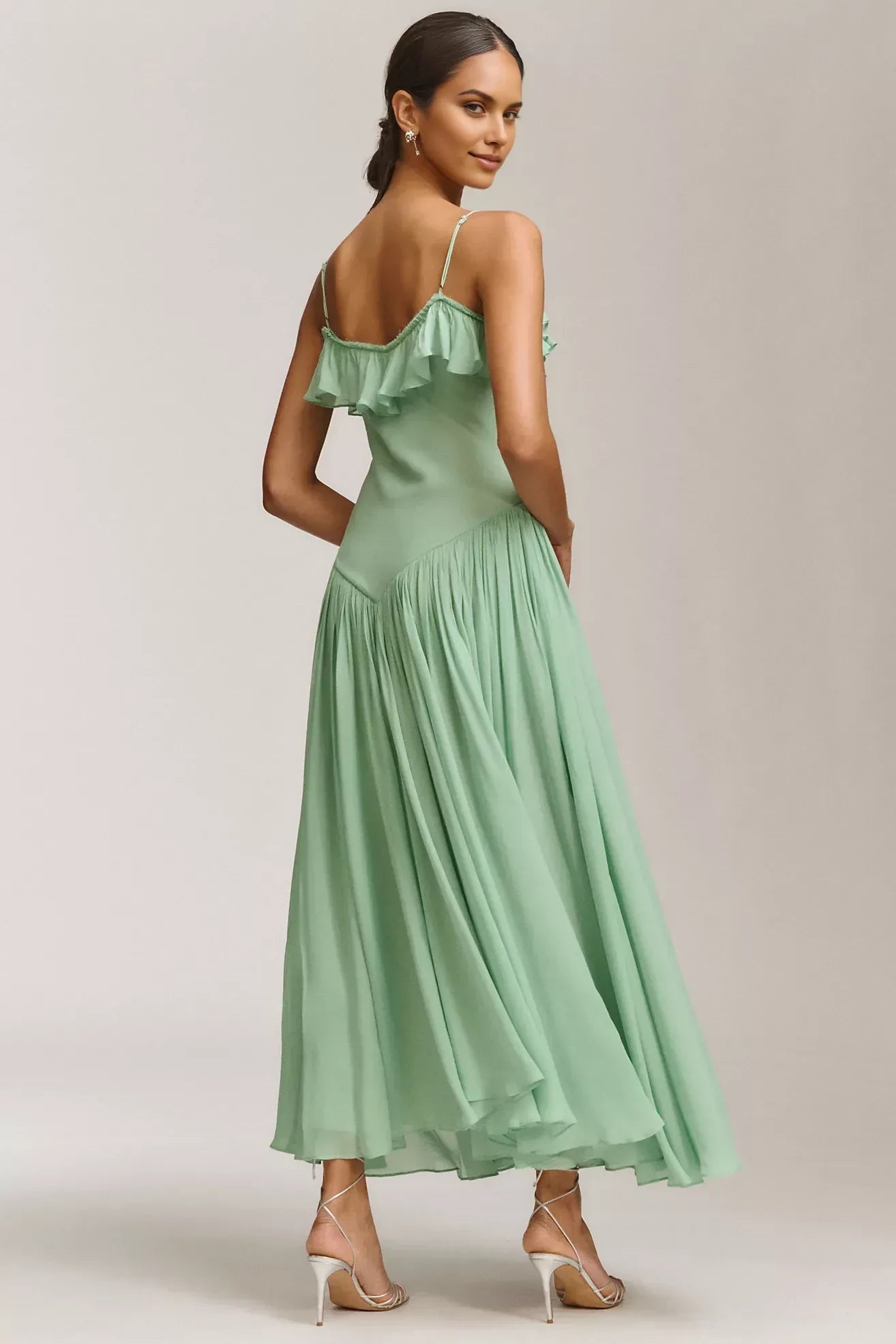 Romantic A Line V Neck Spaghetti Strap Open Back Floor Length Evening Dress