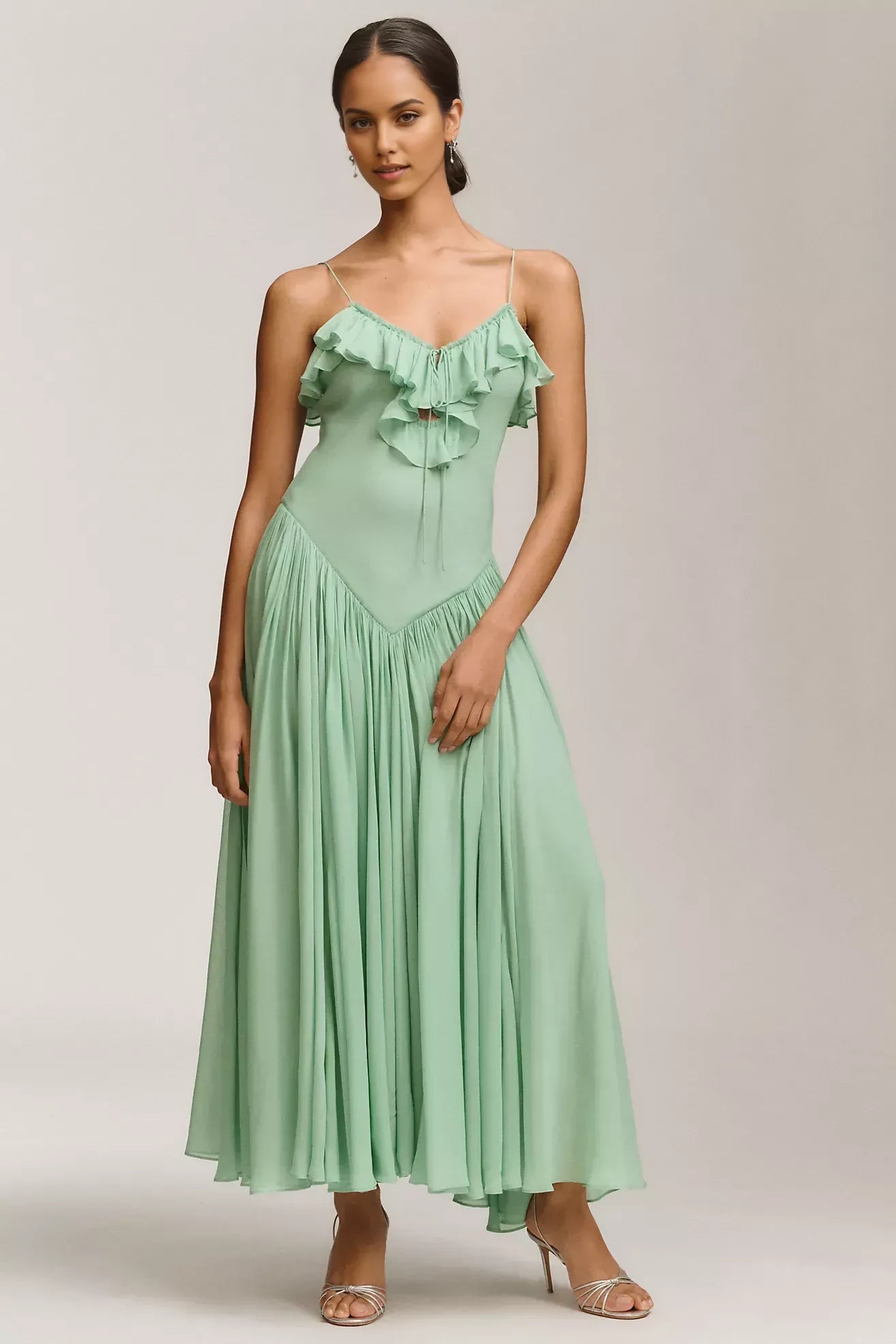 Romantic A Line V Neck Spaghetti Strap Open Back Floor Length Evening Dress