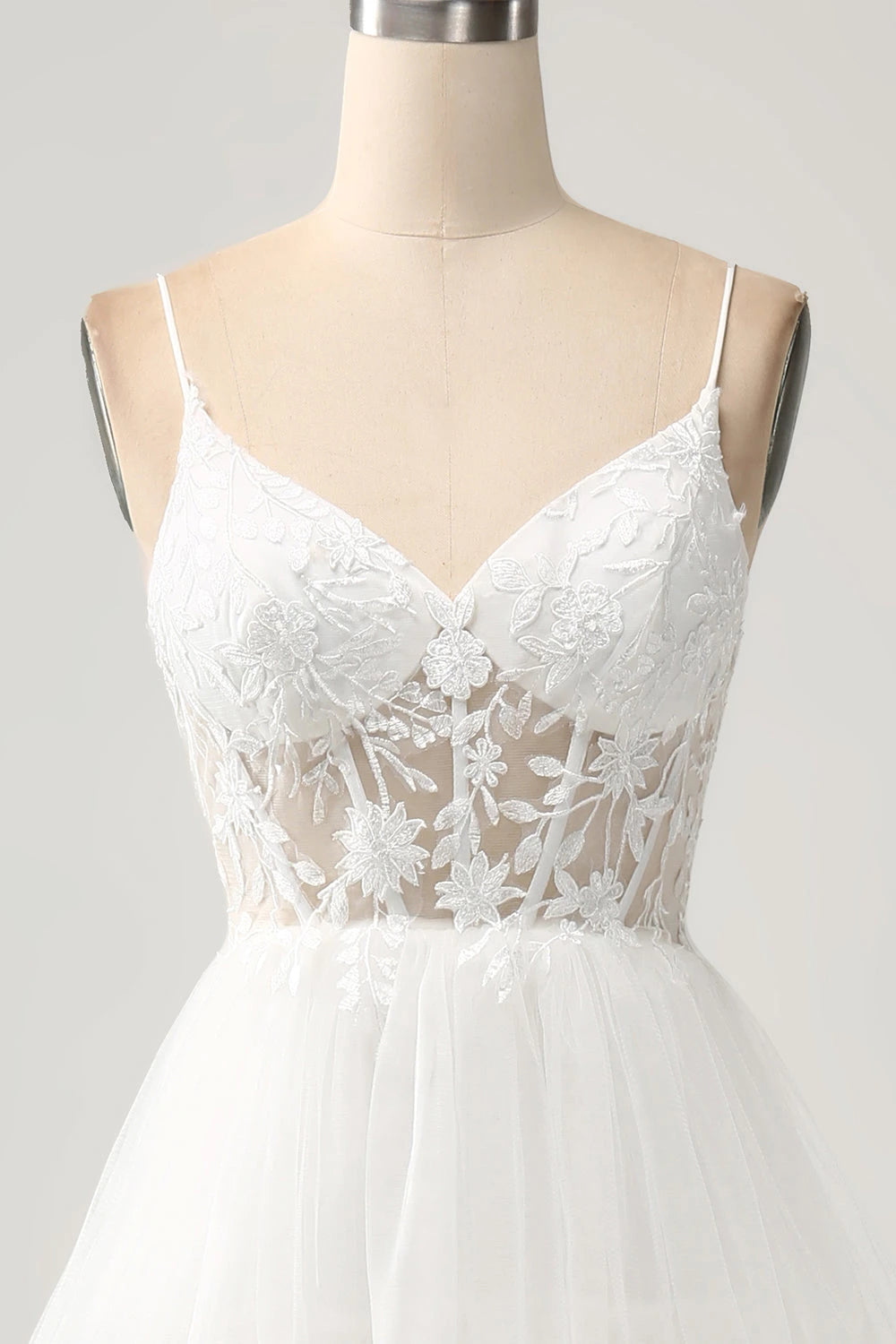 Romantic A Line V Neck Sleeveless Spaghetti Strap Zip Back Maxi Wedding Dress