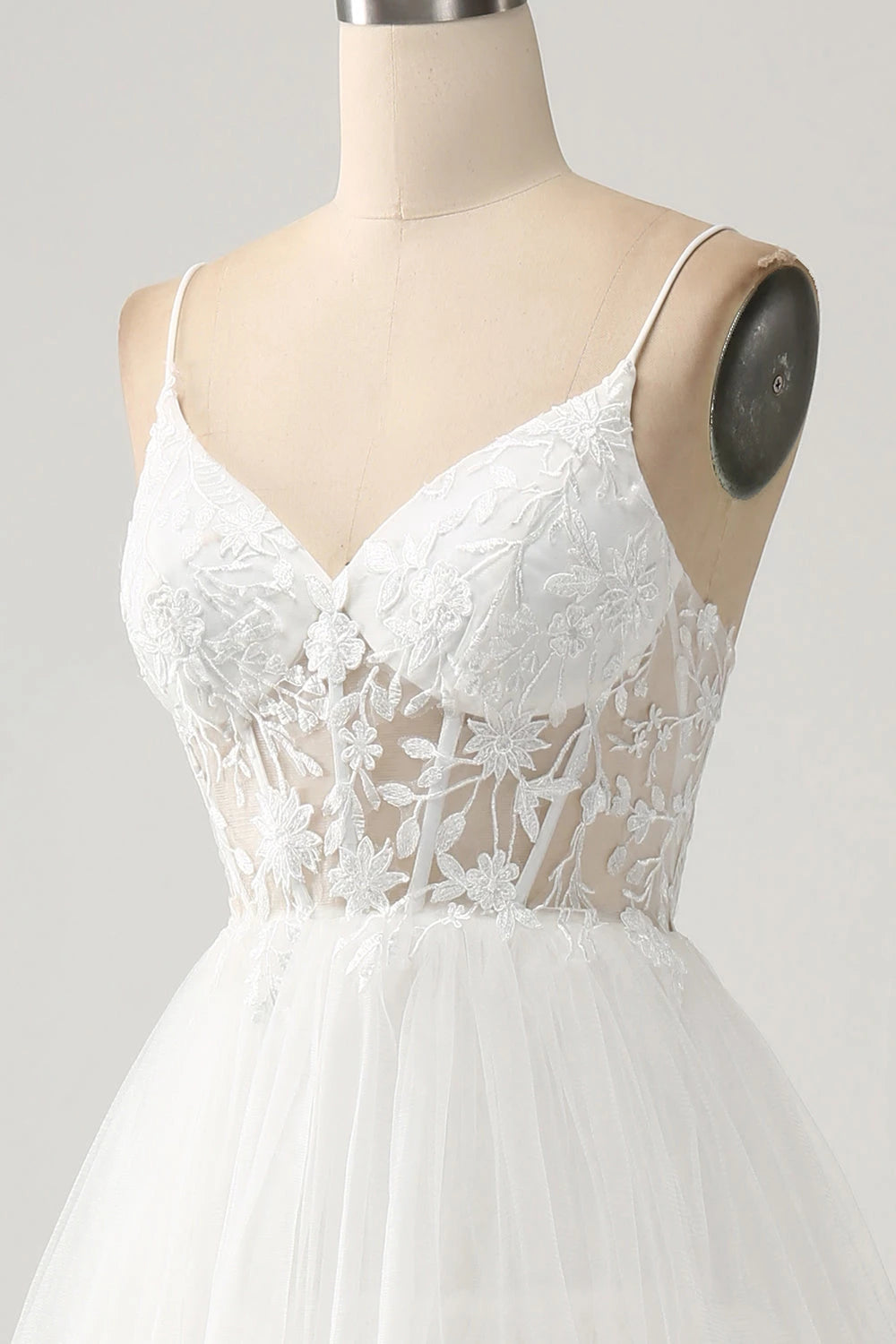 Romantic A Line V Neck Sleeveless Spaghetti Strap Zip Back Maxi Wedding Dress