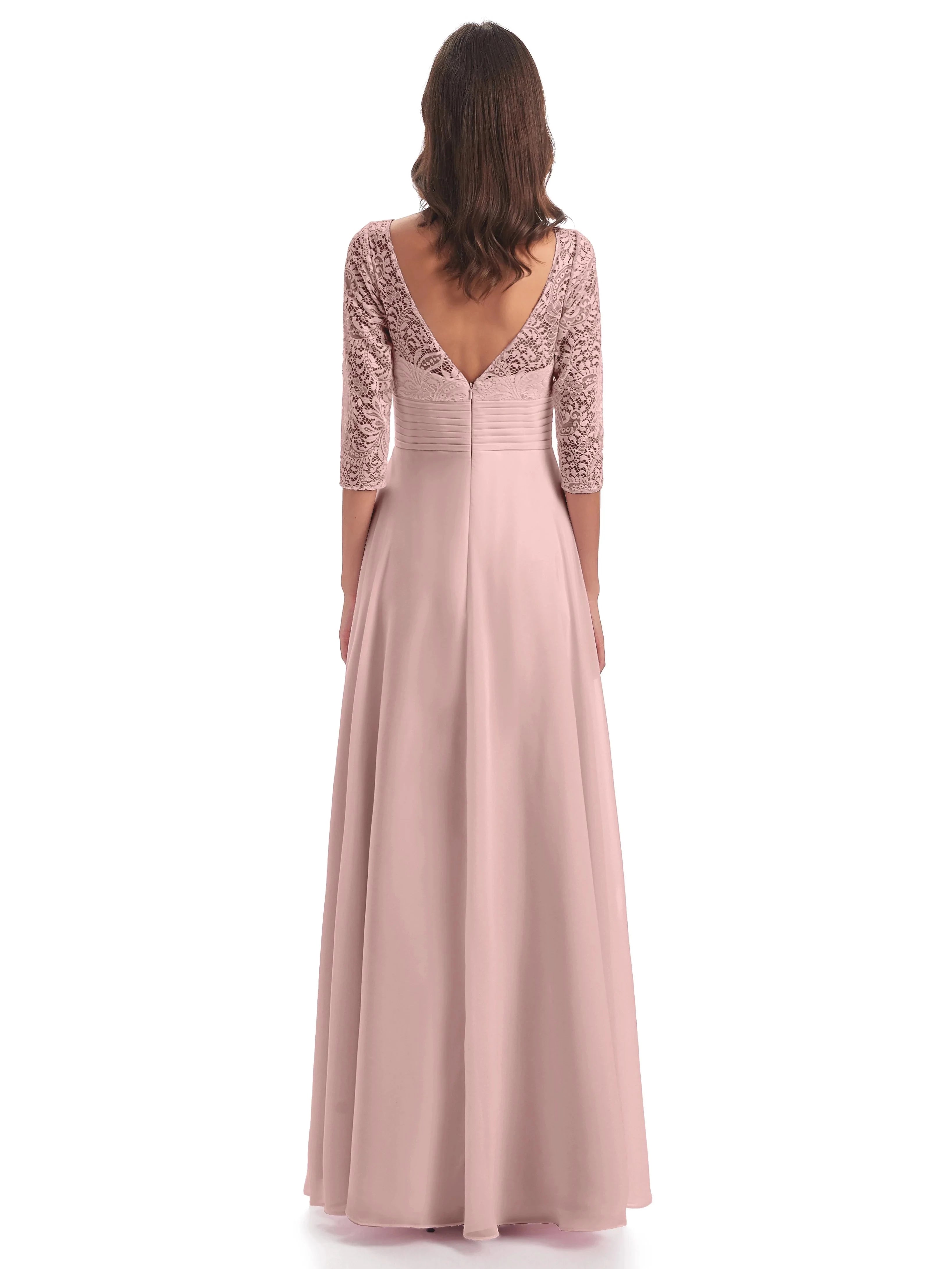 Romantic A Line V Neck Three Quarter Sleeve Open Back Floor Length Mother of the Bride Dress