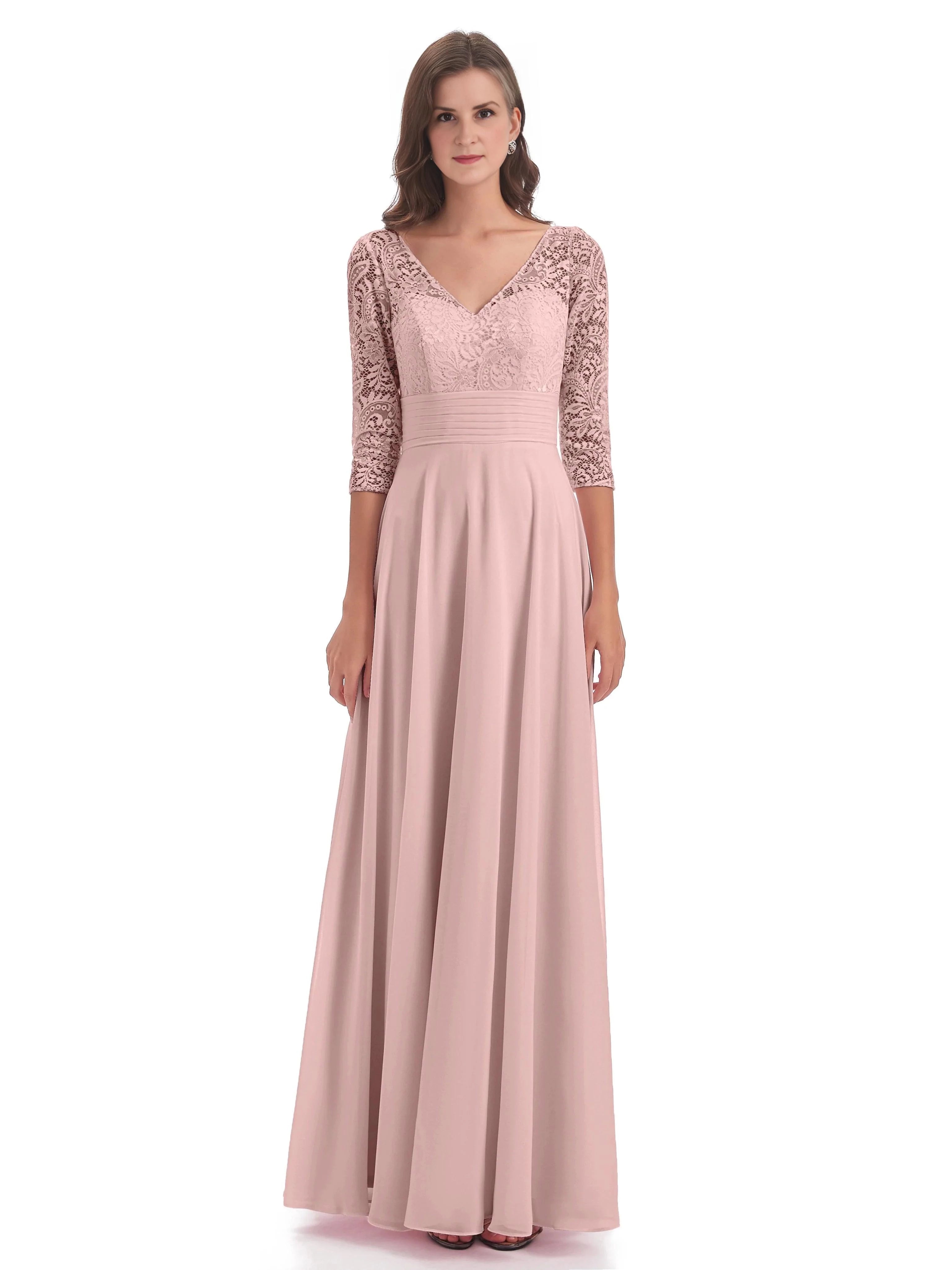 Romantic A Line V Neck Three Quarter Sleeve Open Back Floor Length Mother of the Bride Dress