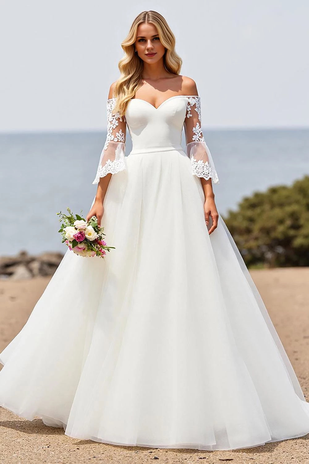 Romantic Off Shoulder Lace Bell Sleeve Open Back Floor Length Wedding Dress