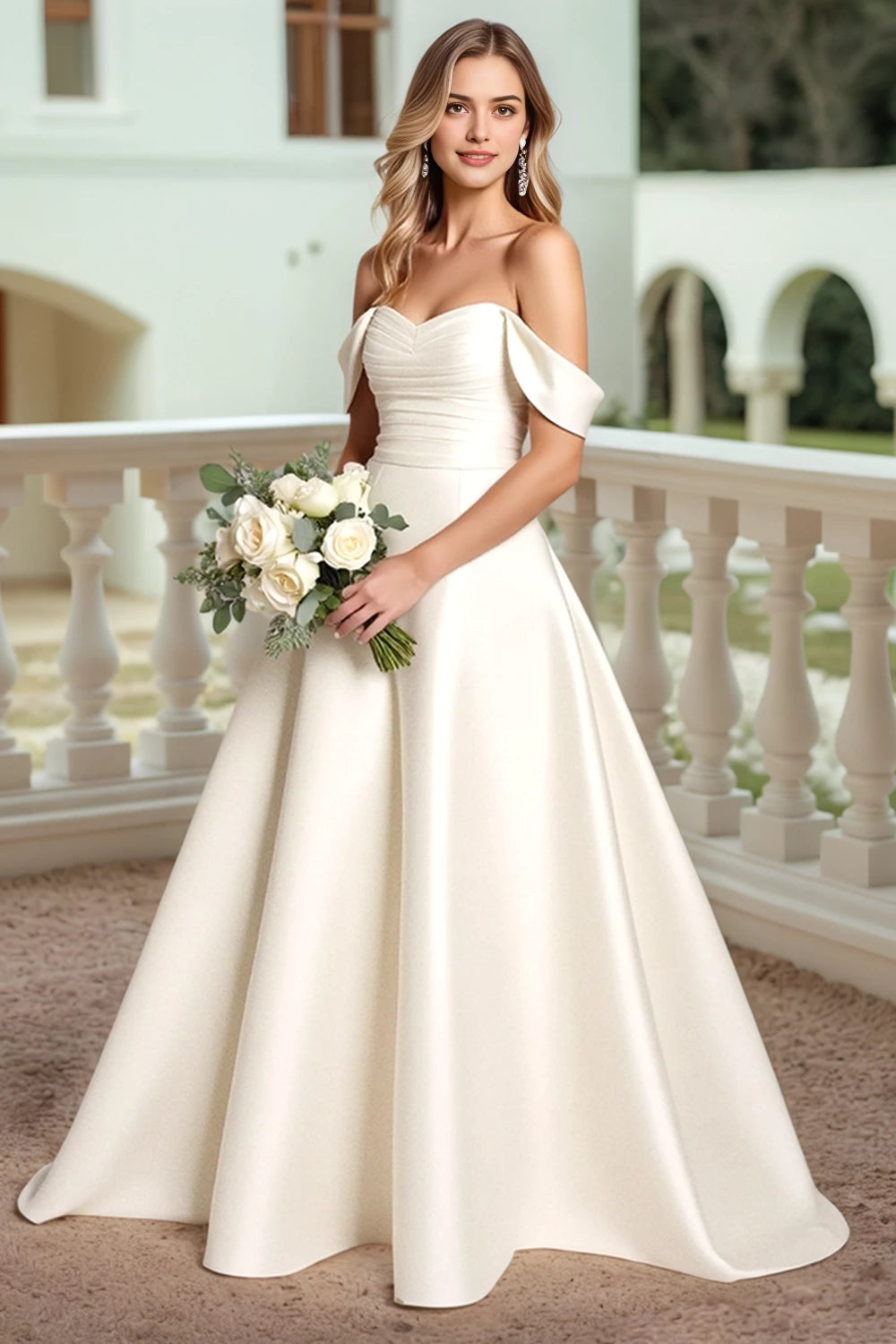 Romantic Ball Gown Off Shoulder Short Sleeve Bow Back Floor Length Wedding Dress