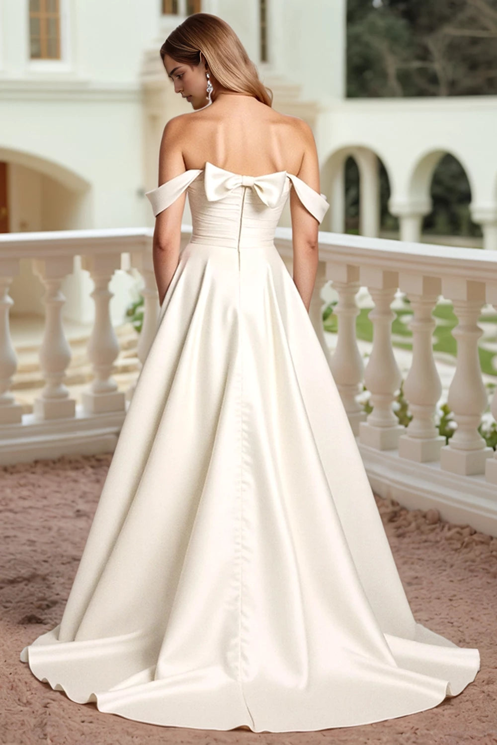 Romantic Ball Gown Off Shoulder Short Sleeve Bow Back Floor Length Wedding Dress