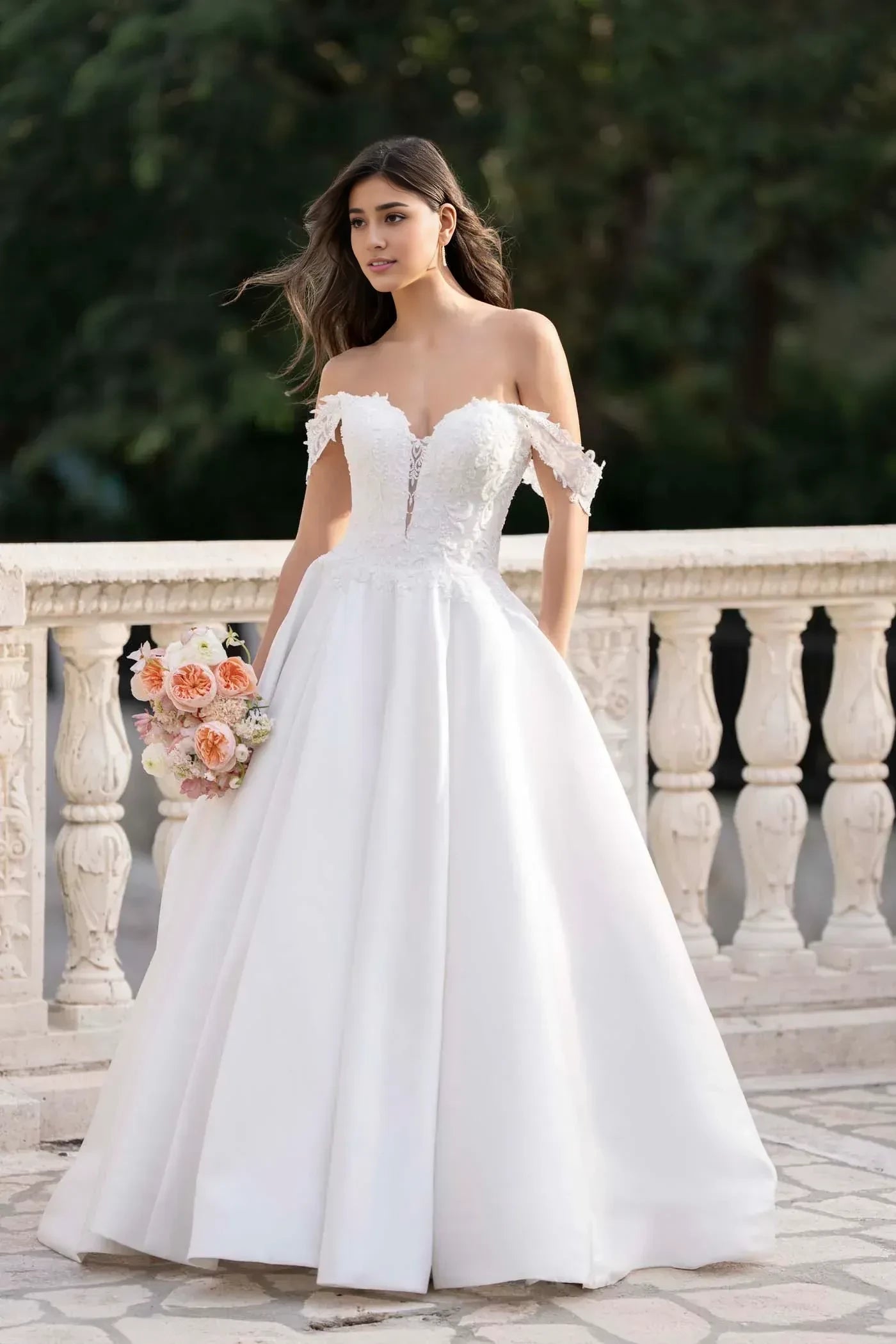 Romantic Ball Gown Off Shoulder Short Sleeve Button Back Floor Length Wedding Dress