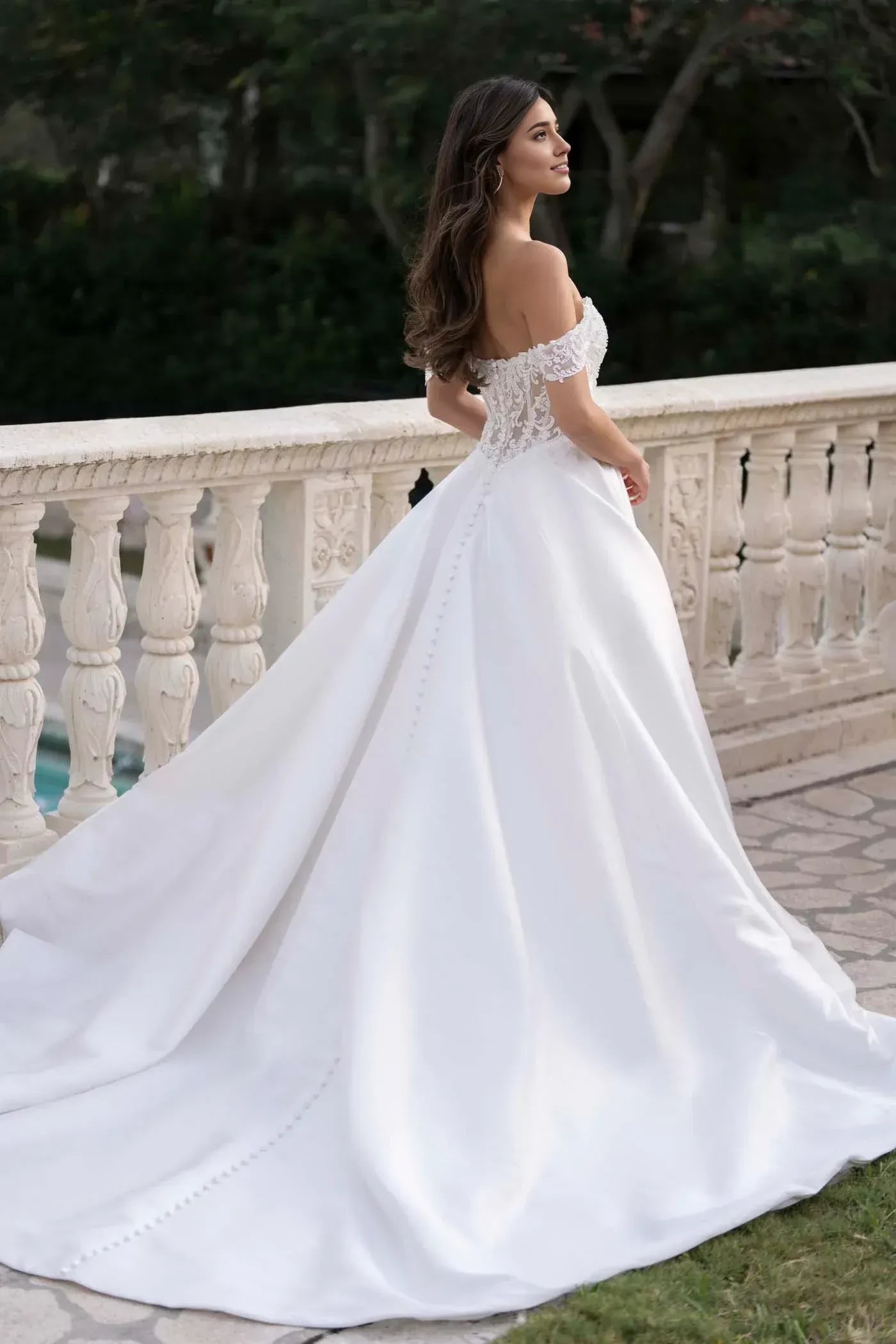 Romantic Ball Gown Off Shoulder Short Sleeve Button Back Floor Length Wedding Dress