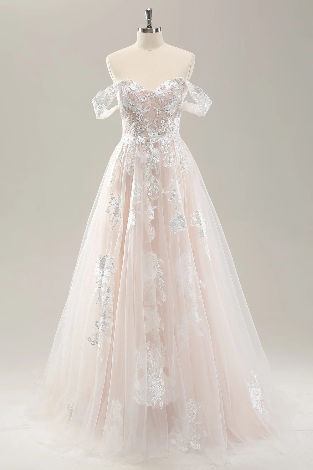 Romantic Ball Gown Sleeveless Off Shoulder Short Sleeve Zip Back Maxi Wedding Dress