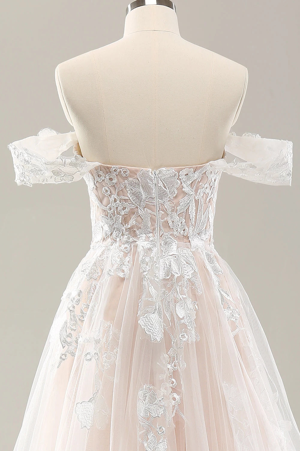 Romantic Ball Gown Sleeveless Off Shoulder Short Sleeve Zip Back Maxi Wedding Dress