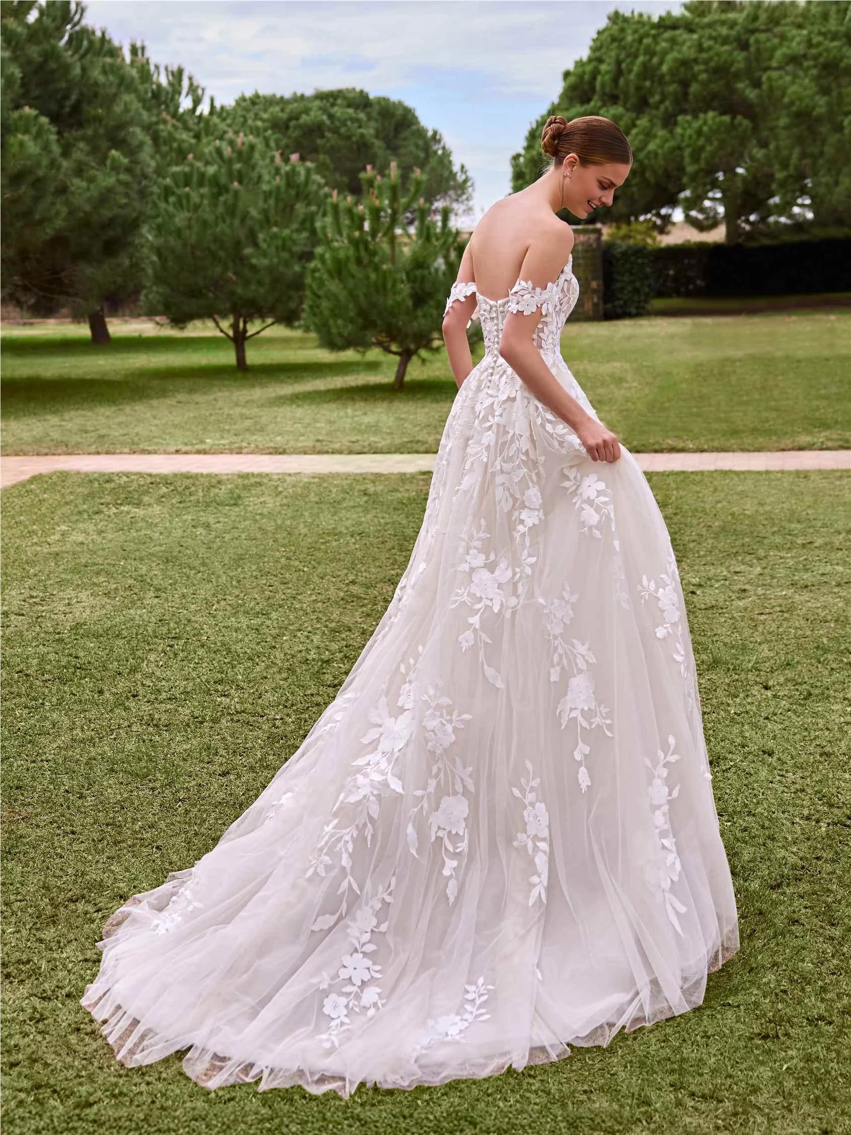 Romantic Ball Gown Off The Shoulder Flutter Sleeve Open Back Floor Length Wedding Dress