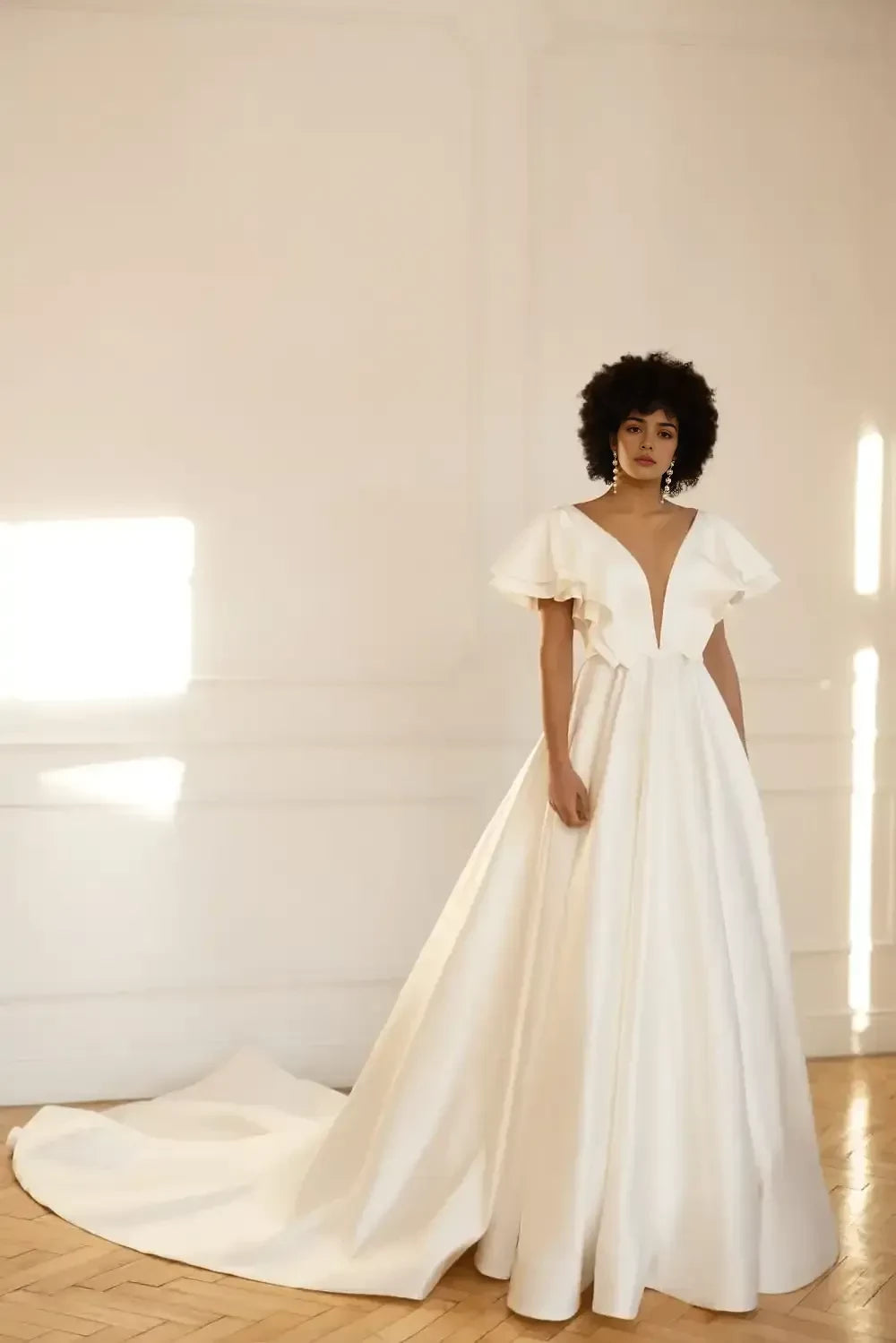 Romantic Ball Gown Plunge V Neck Ruffle Short Sleeve Open Back Long Length Wedding Dress