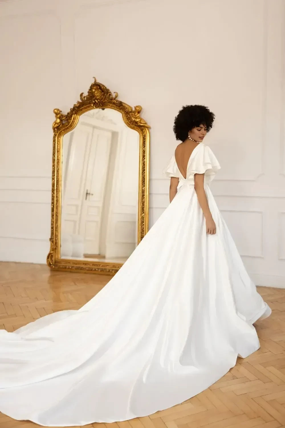 Romantic Ball Gown Plunge V Neck Ruffle Short Sleeve Open Back Long Length Wedding Dress
