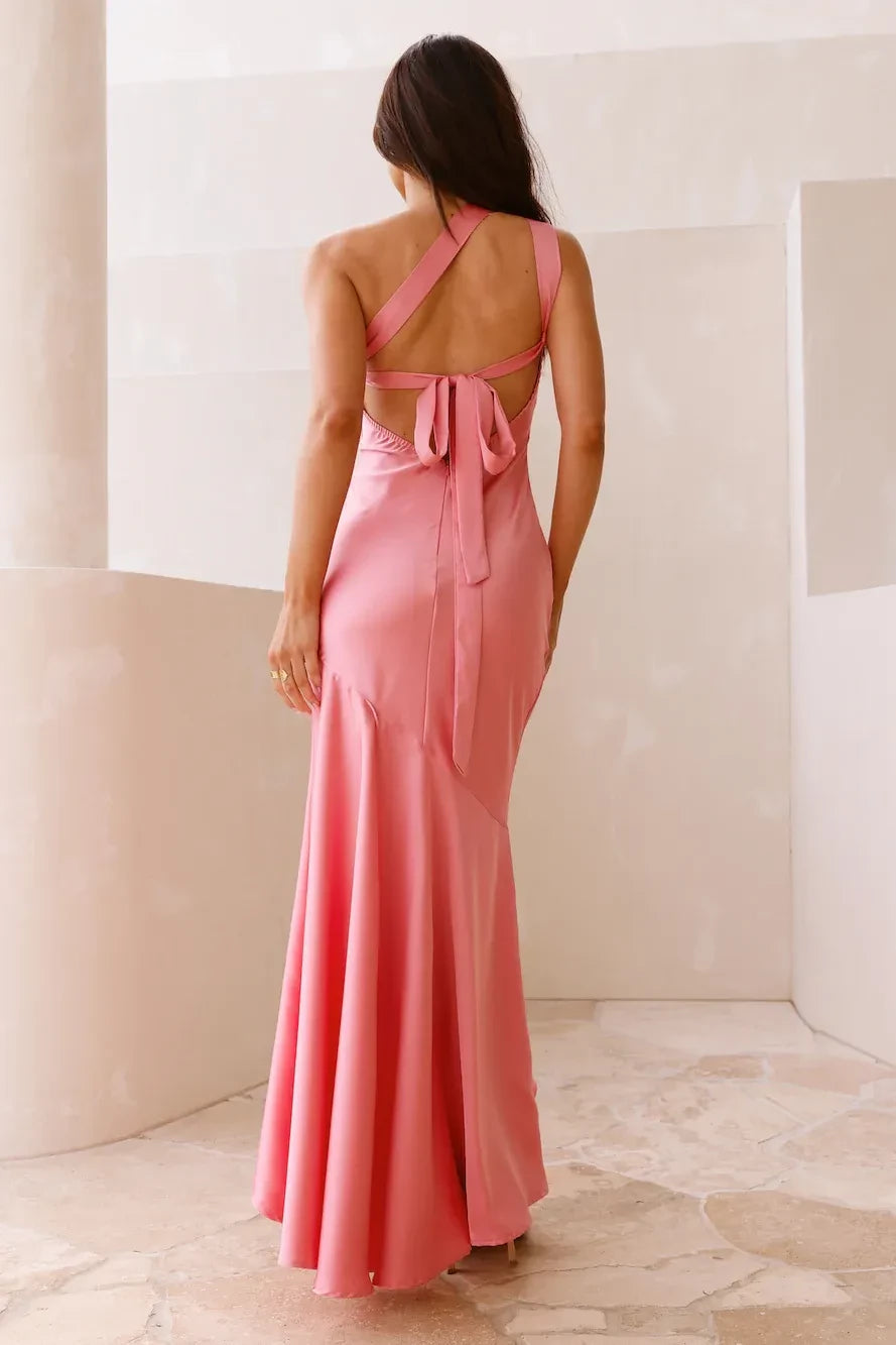 Romantic Mermaid Asymmetric Neck Sleeveless Tie Back Floor Length Prom Dress