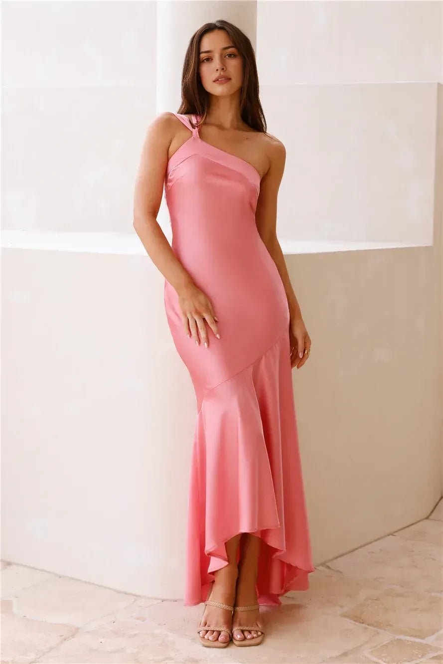 Romantic Mermaid Asymmetric Neck Sleeveless Tie Back Floor Length Prom Dress