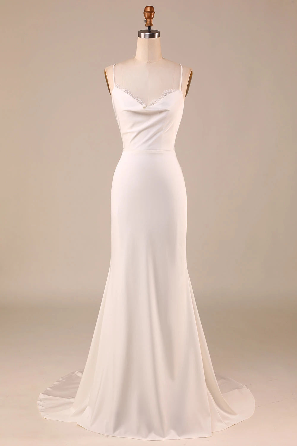 Romantic Mermaid Cowl Neck Sleeveless Criss Cross Back Maxi Wedding Dress