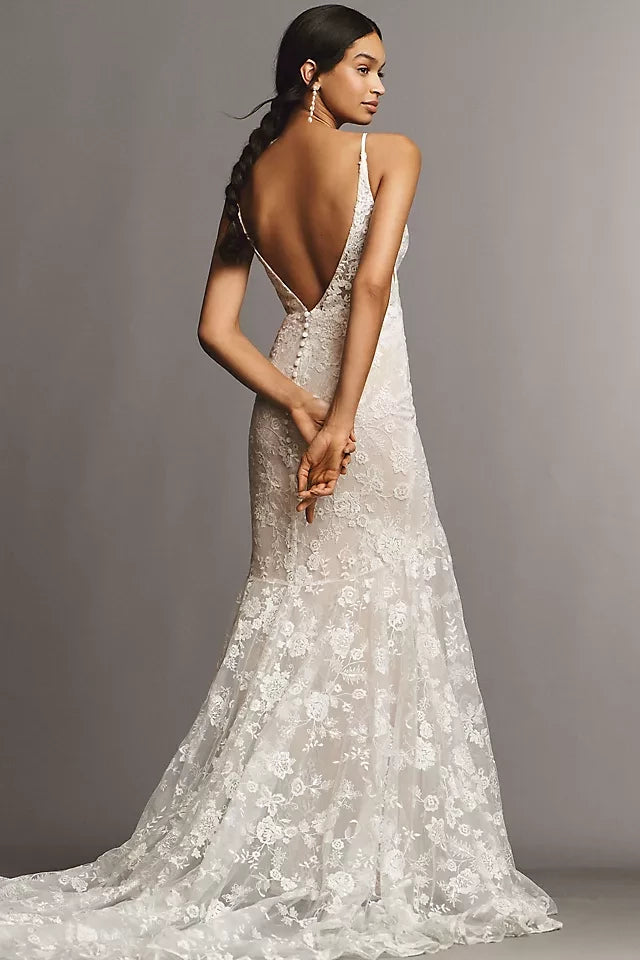 Romantic Mermaid Deep V Neck Sleeveless Open Back Floor Length Wedding Dress