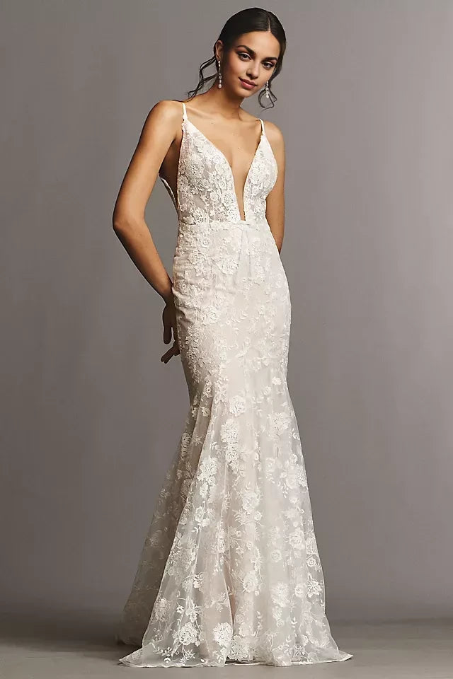 Romantic Mermaid Deep V Neck Sleeveless Open Back Floor Length Wedding Dress