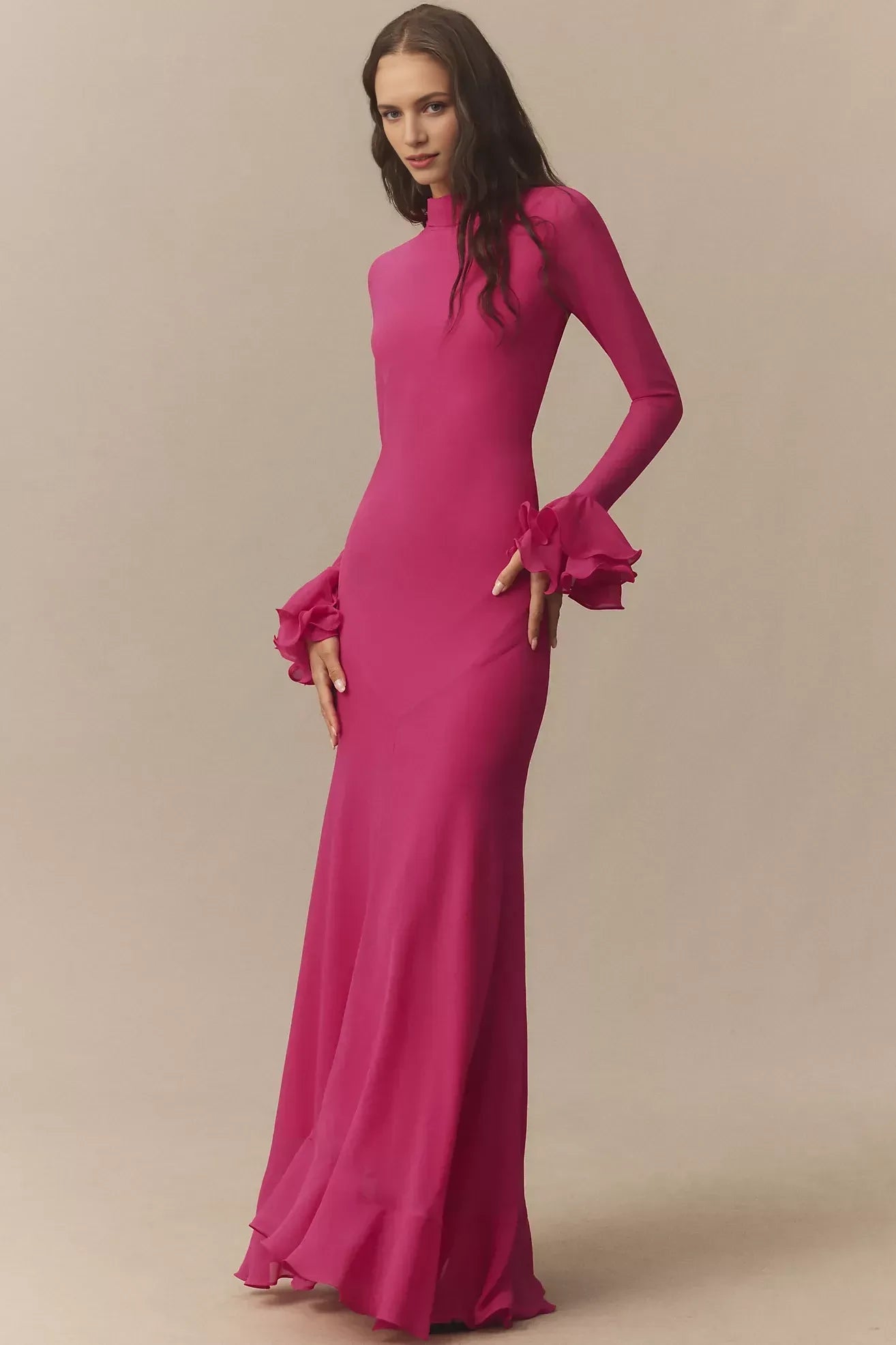 Romantic Mermaid High Neck Ruffled Long Sleeve Tie Back Floor Length Evening Dress