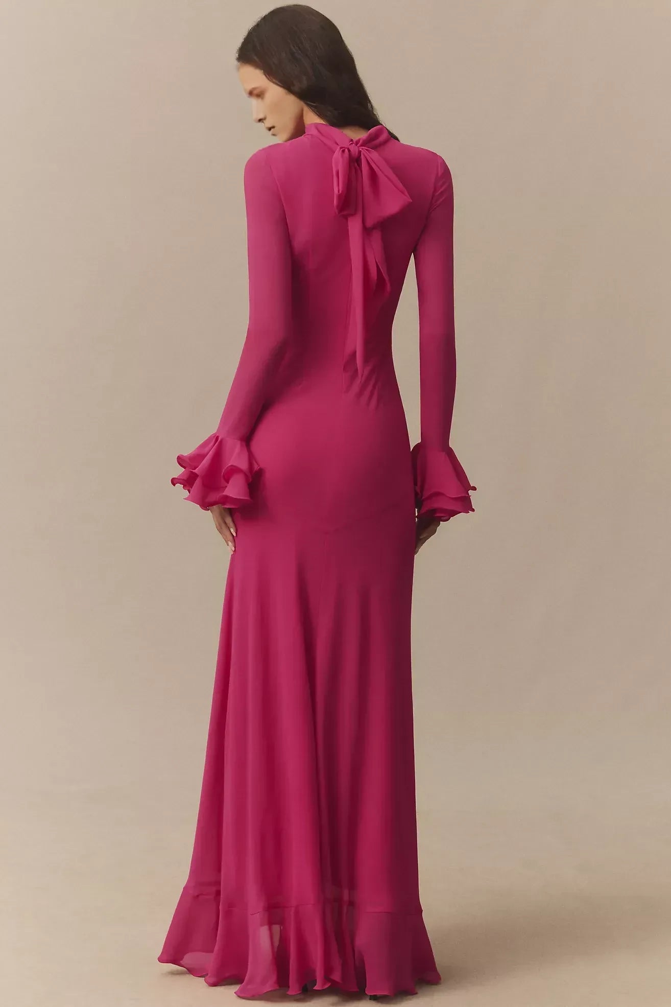Romantic Mermaid High Neck Ruffled Long Sleeve Tie Back Floor Length Evening Dress