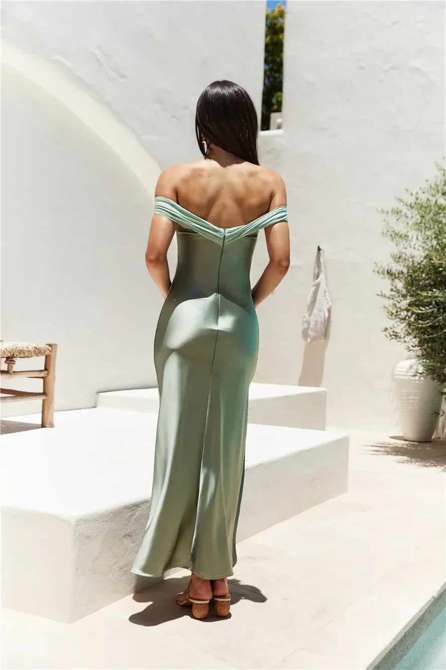 Romantic Mermaid Off Shoulder Sleeveless Ruched Bodice Floor Length Prom Dress