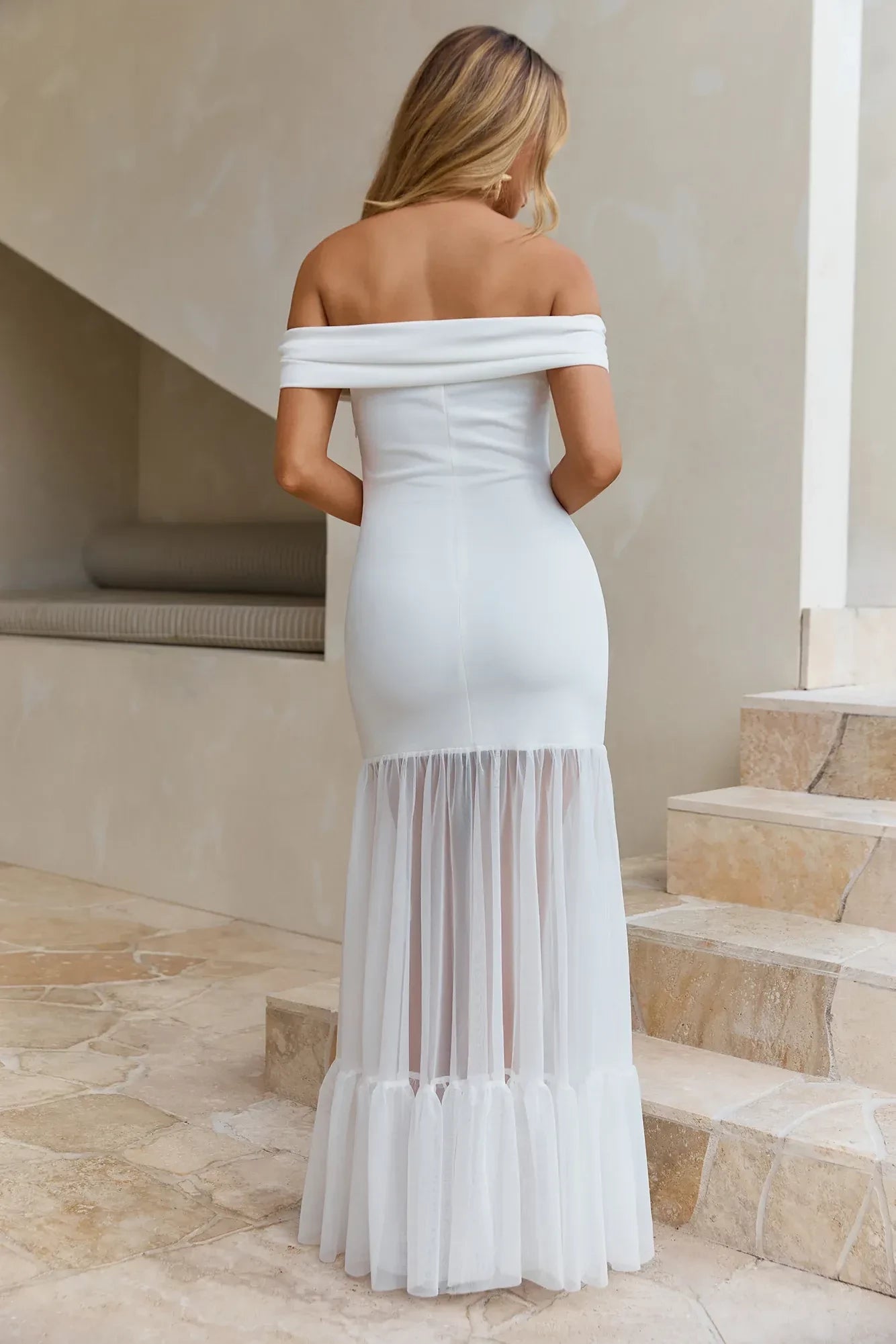 Romantic Mermaid Off Shoulder Sleeveless Sheer Hem Floor Length Prom Dress