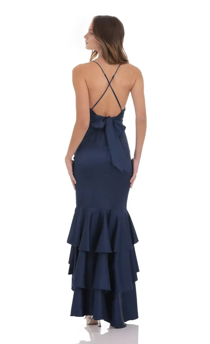 Romantic Mermaid Plunge Neck Spaghetti Strap Bow Back Floor Length Evening Dress