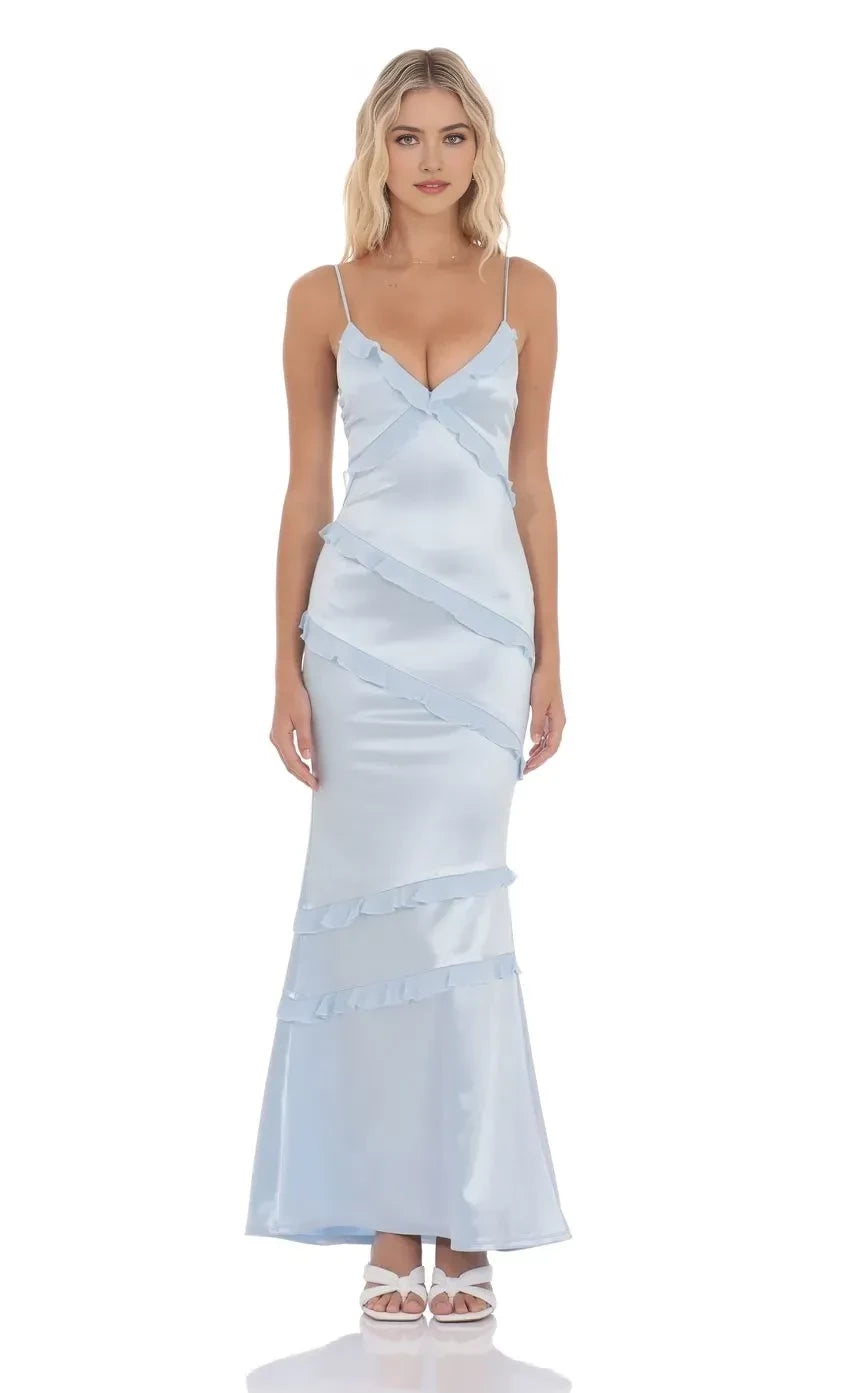 Romantic Mermaid Plunge Neck Spaghetti Strap Plain Back Floor Length Evening Dress