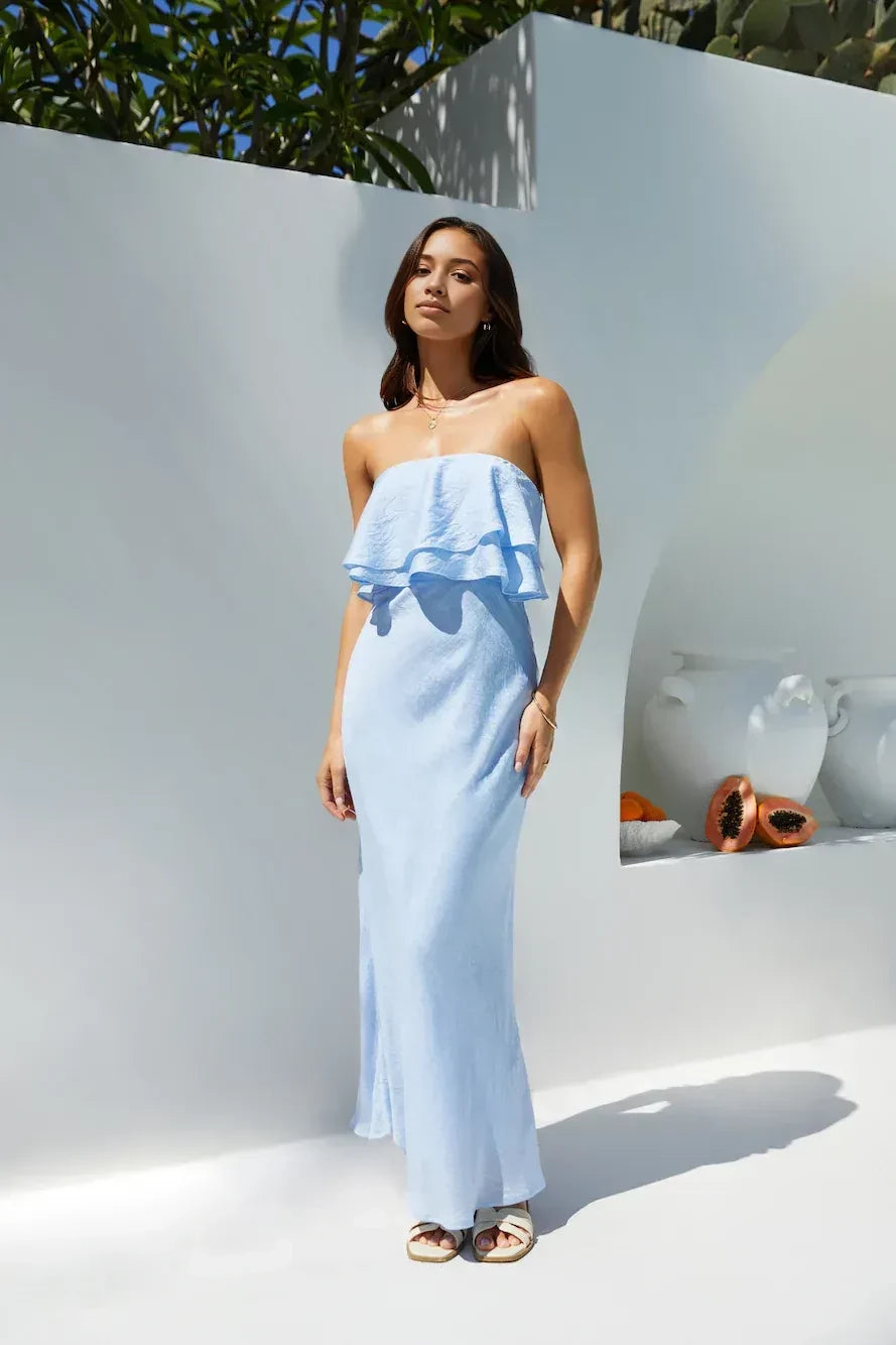 Romantic Mermaid Strapless Ruffle Trim Cut Out Back Floor Length Prom Dress