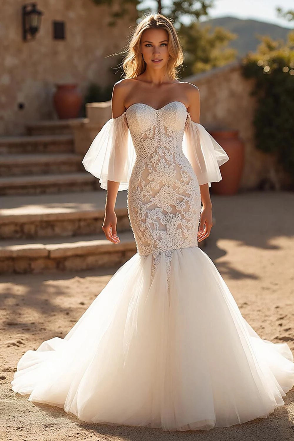 Romantic Mermaid Sweetheart Neck Off Shoulder Flare Sleeve Open Back Floor Length Wedding Dress