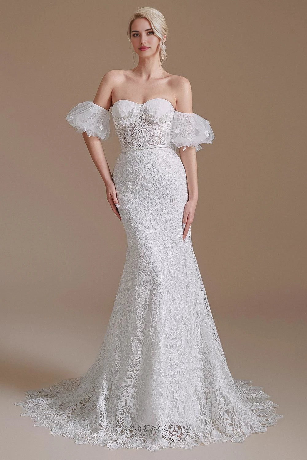 Romantic Mermaid Sweetheart Neck Off Shoulder Lace Up Back Floor Length Wedding Dress
